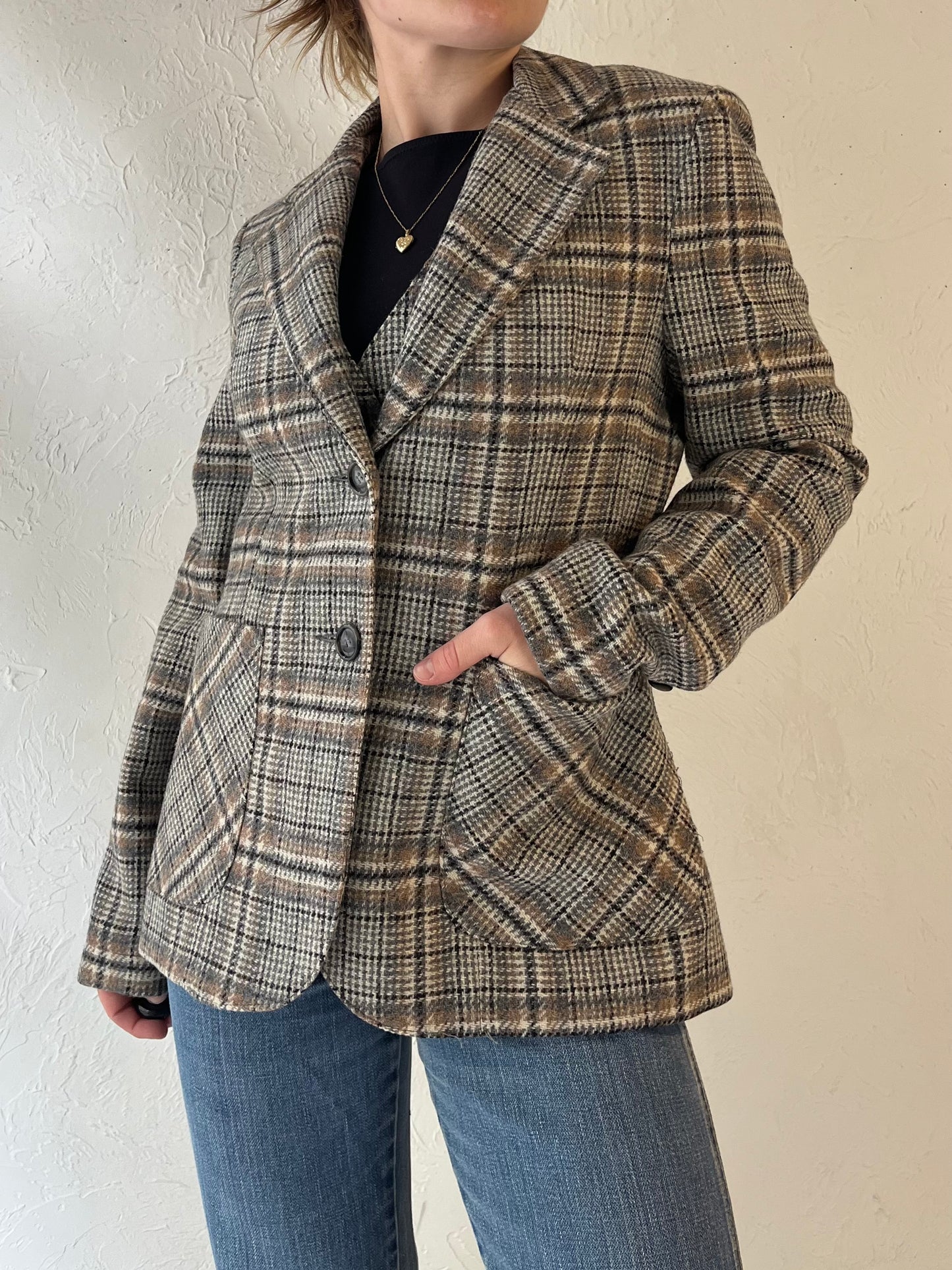 70s 'Prestige' Plaid Blazer Vest Set / Union Made / Small