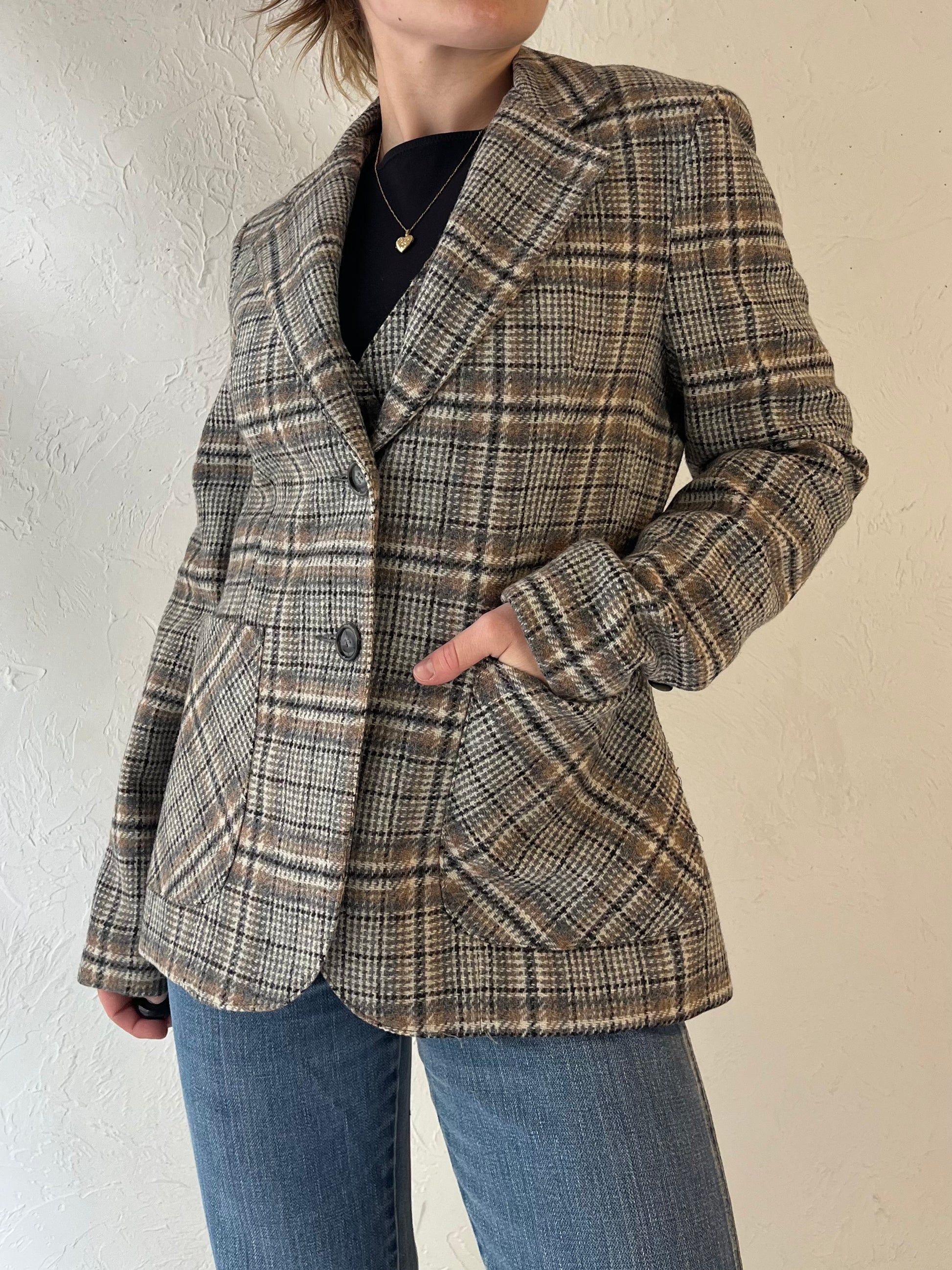 70s 'Prestige' Plaid Blazer Vest Set / Union Made / Small