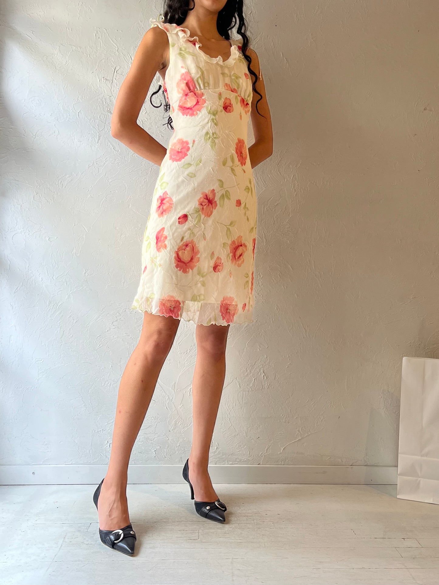 90s ‘Be Smart’ Cream Floral Dress / Small - Medium