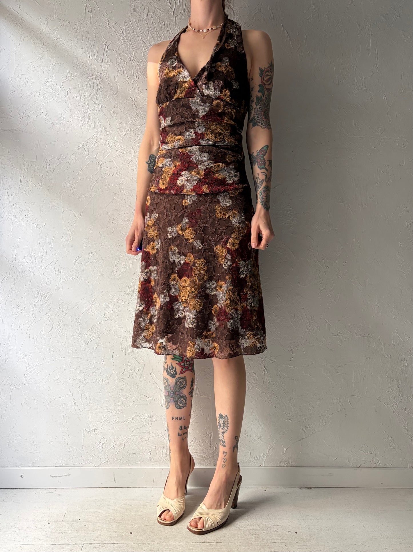 90s 'Le Chateau' Brown Lace Grunge Halter Dress / Small