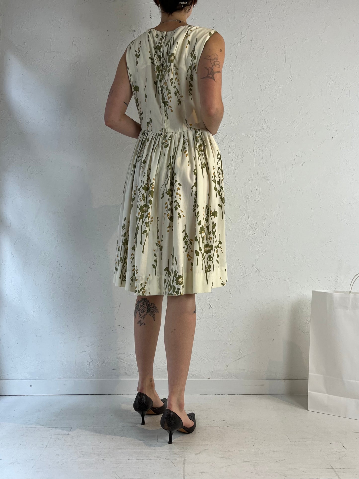 80s Cream Floral Midi Dress / Small