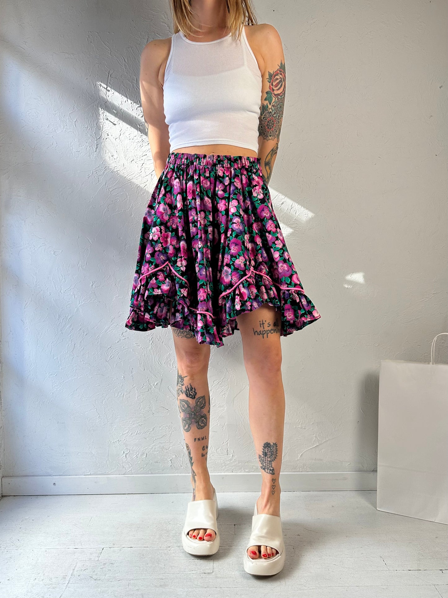 90s Handmade Purple Floral Mini Skirt / Medium