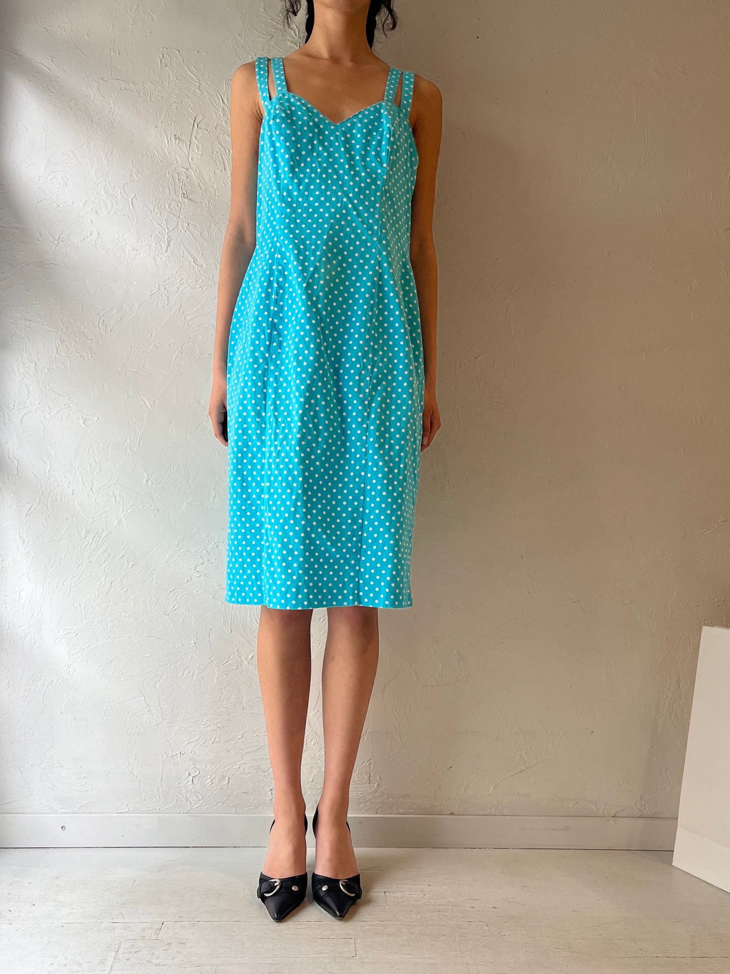 80s ‘Lori Ann’ Blue Polka Dot Cotton Midi Dress / Large