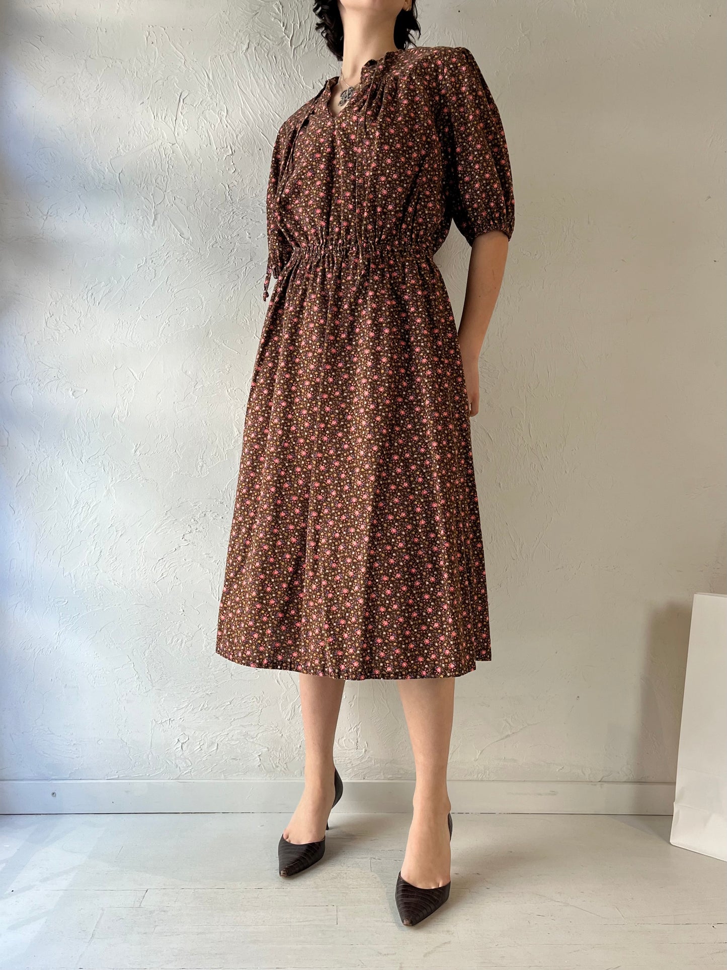 90s Handmade Brown Floral Print Midi Dress / Medium