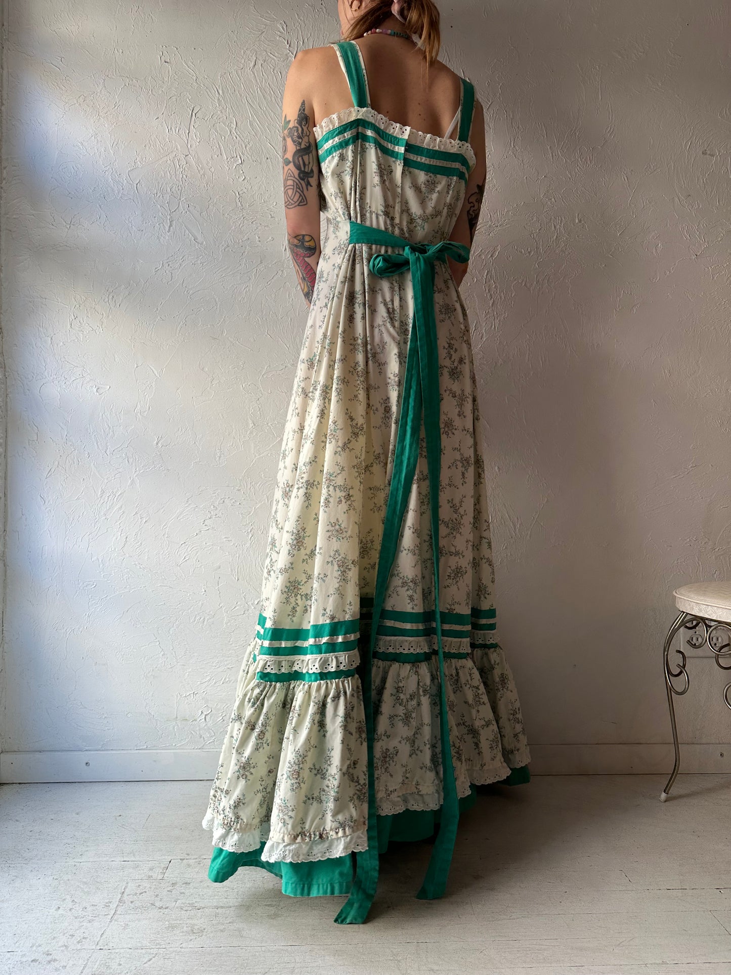 70s Handmade Floral Print Peasant Maxi Dress / Medium