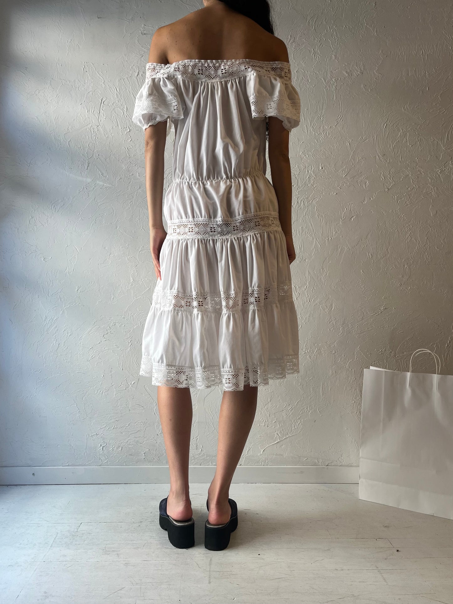 80s 'Telamex' White Tiered Prairie Dress / Small