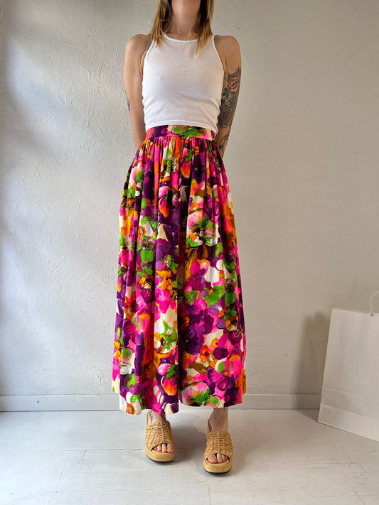 70s Handmade Floral Midi Skirt / Small