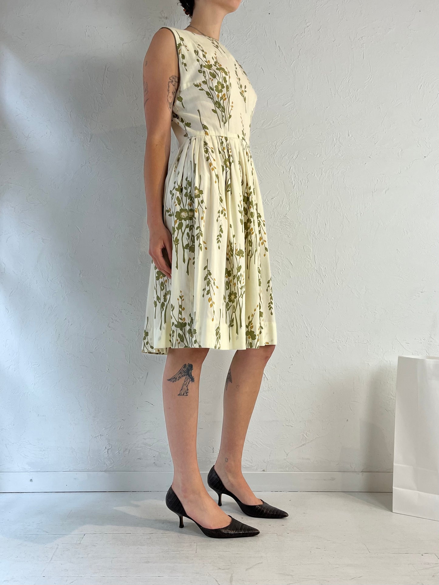 80s Cream Floral Midi Dress / Small