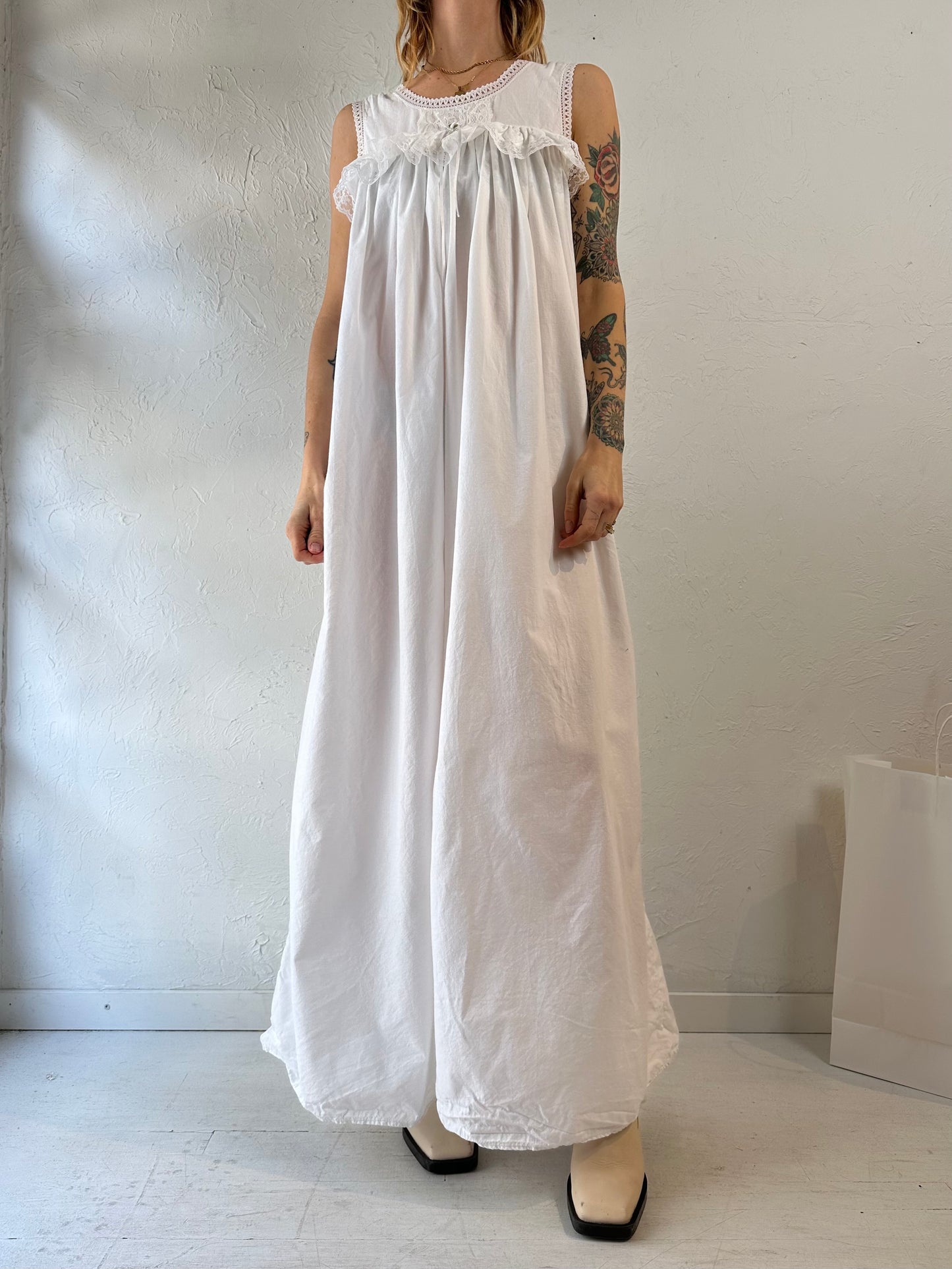 Vintage White Cotton Sleeveless Maxi Dress / Large