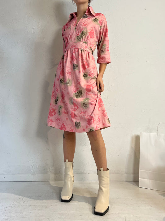 70s 'Nu Mode' Pink Floral Midi Dress / Medium