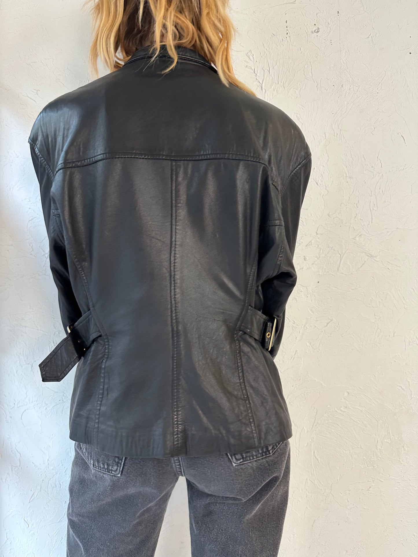 90s 'Danier' Black Leather Moto Style Jacket / Medium