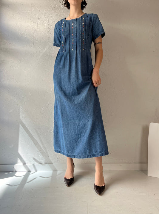 90s 'Bobbie Brooks' Embroidered Denim Maxi Dress / Medium