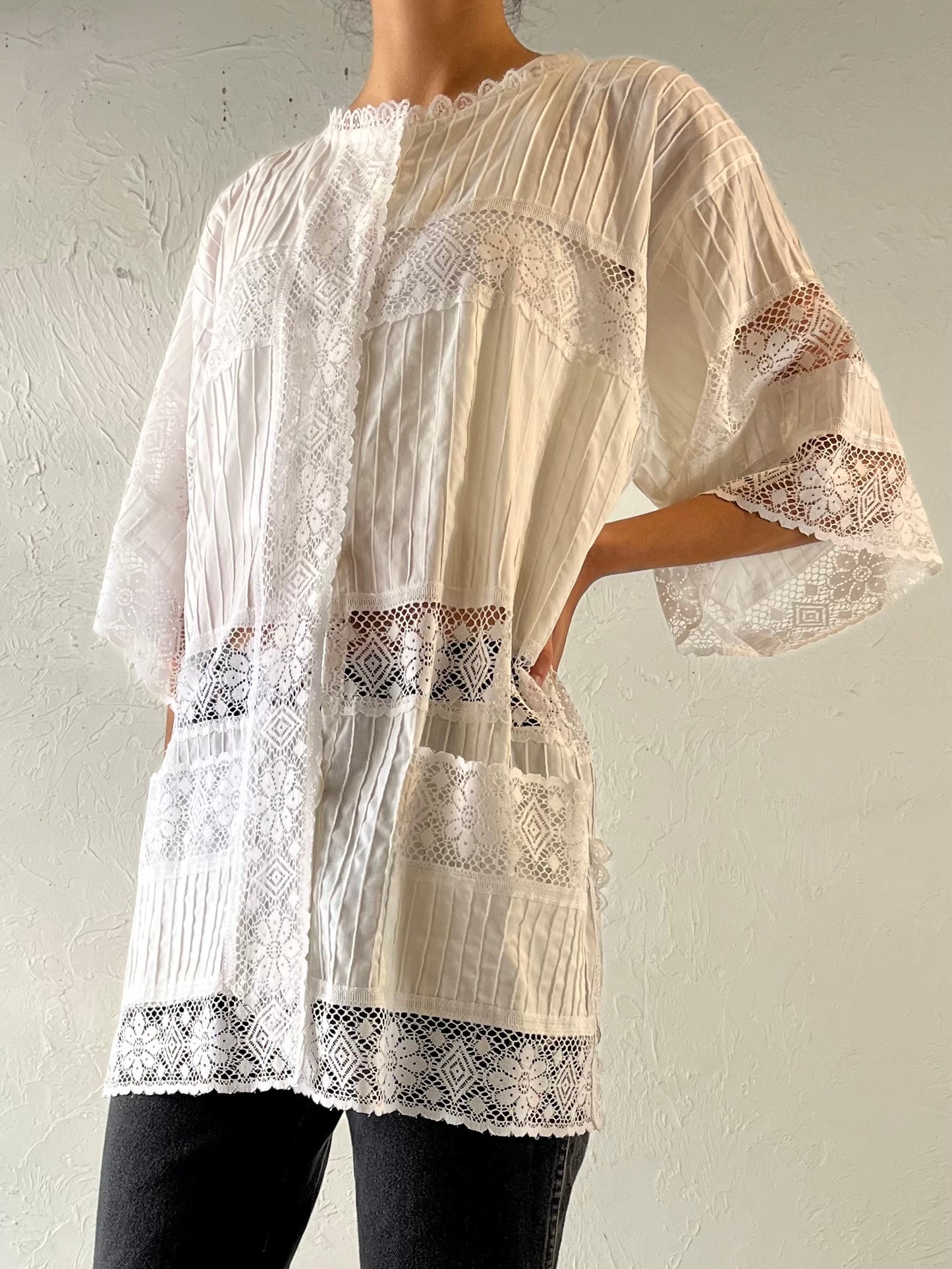 70s White Lace Button Up Blouse / Cover Up / Medium