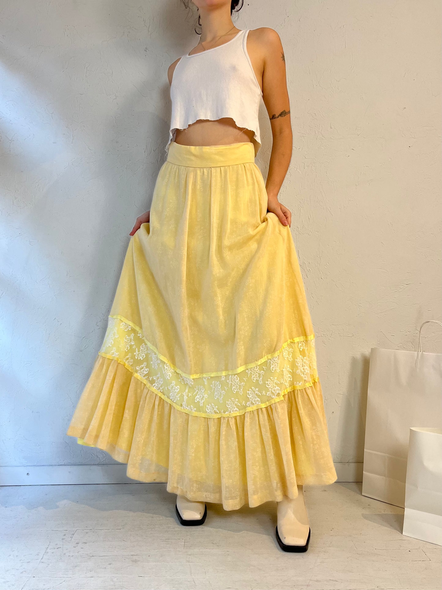 Vintage Handmade Pale Yellow Peasant Skirt / Medium