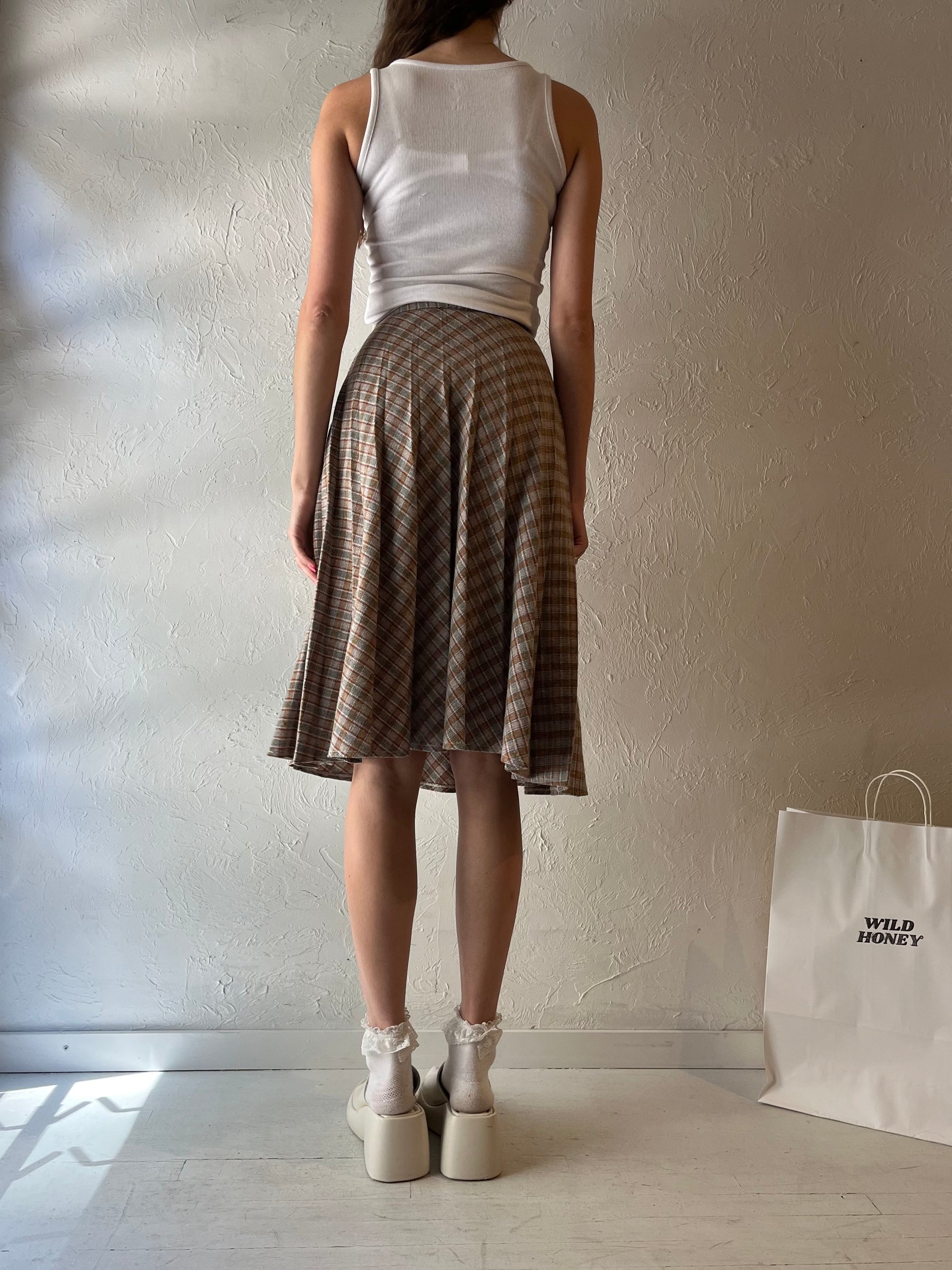 70s Knit Plaid Midi Skirt / XS