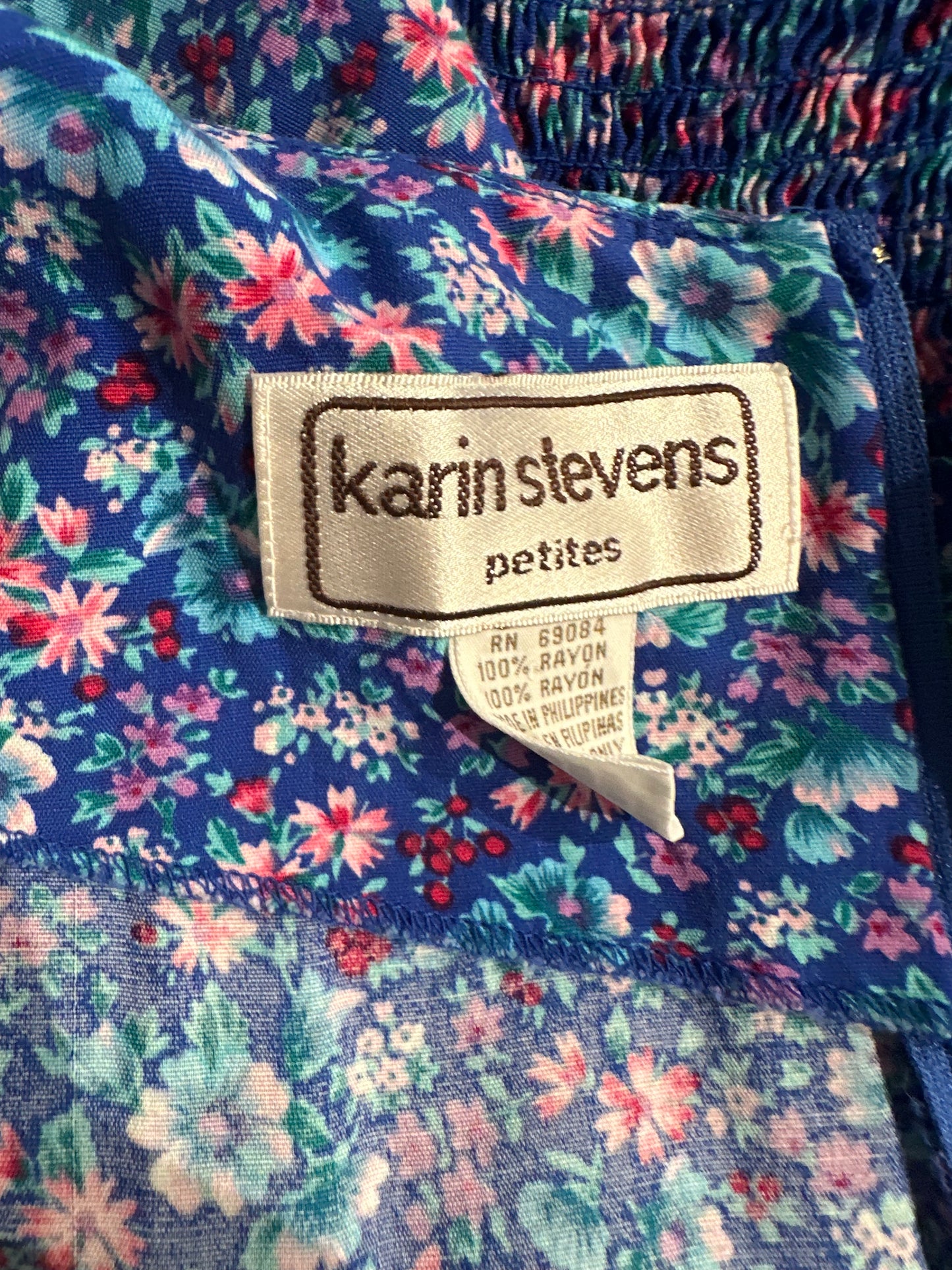 90s 'Karen Stevens' Blue Floral Print Rayon Dress / Large