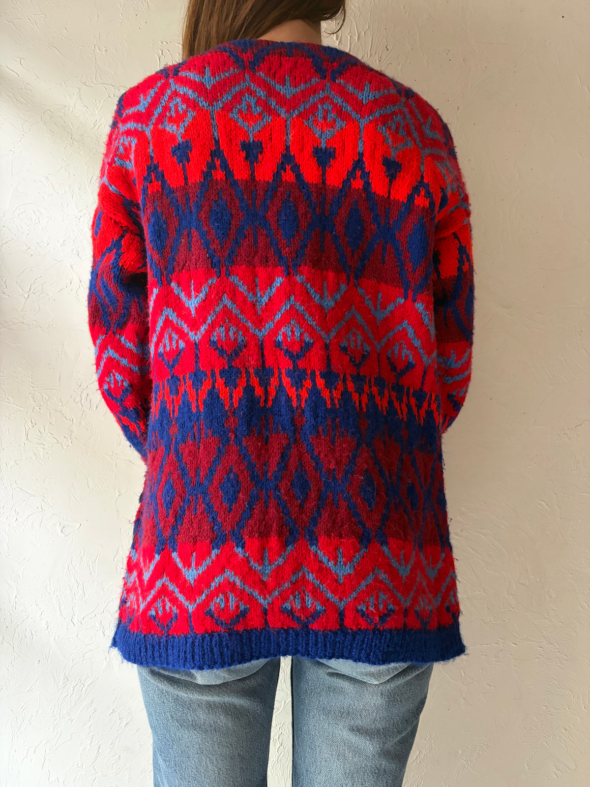 90s Vintage Red & Blue Geometric Retro Crew Neck Oversized Knit Pullover Sweater / Medium