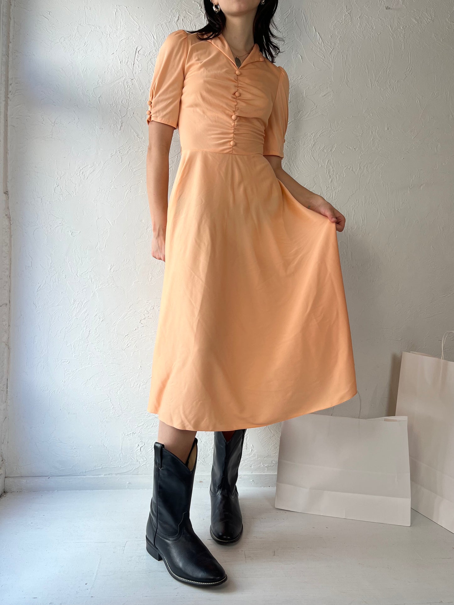 70s 'Sandi Gale' Peach Polyester Fitted Midi Dress / Small