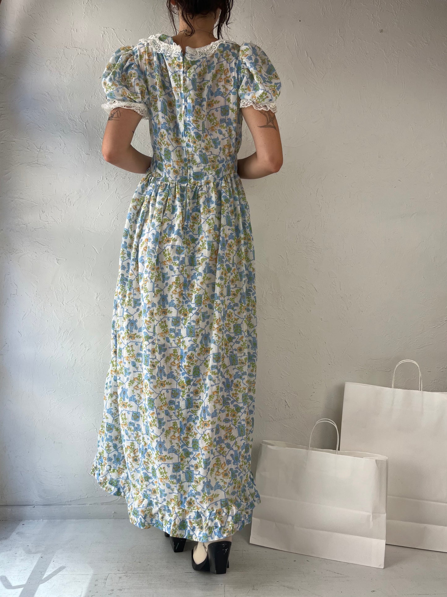 70s Handmade Blue Puff Sleeve Peasant Dress / Small - Medium