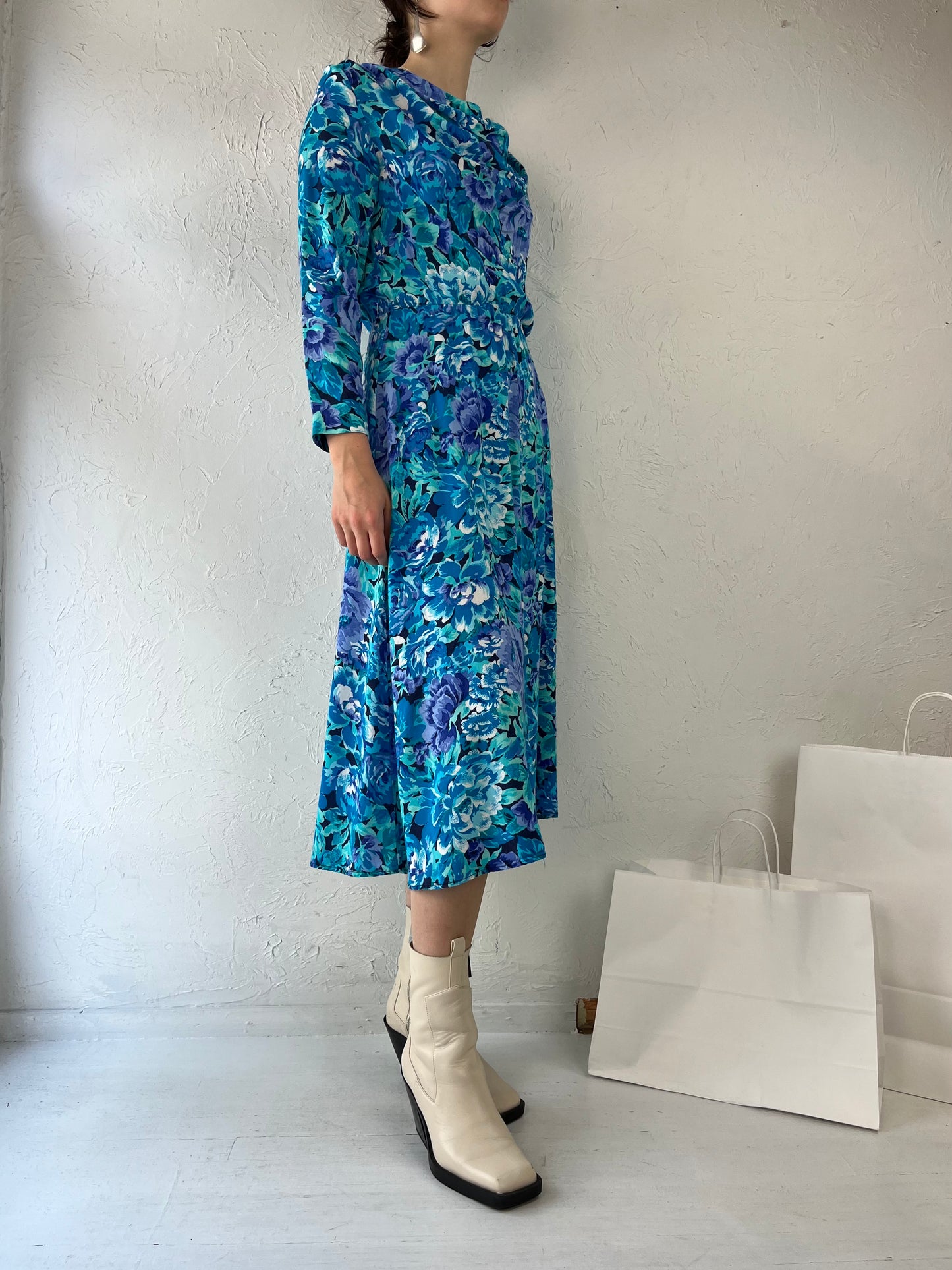 90s 'Mariposa' Blue Floral Print Rayon Dress / Small