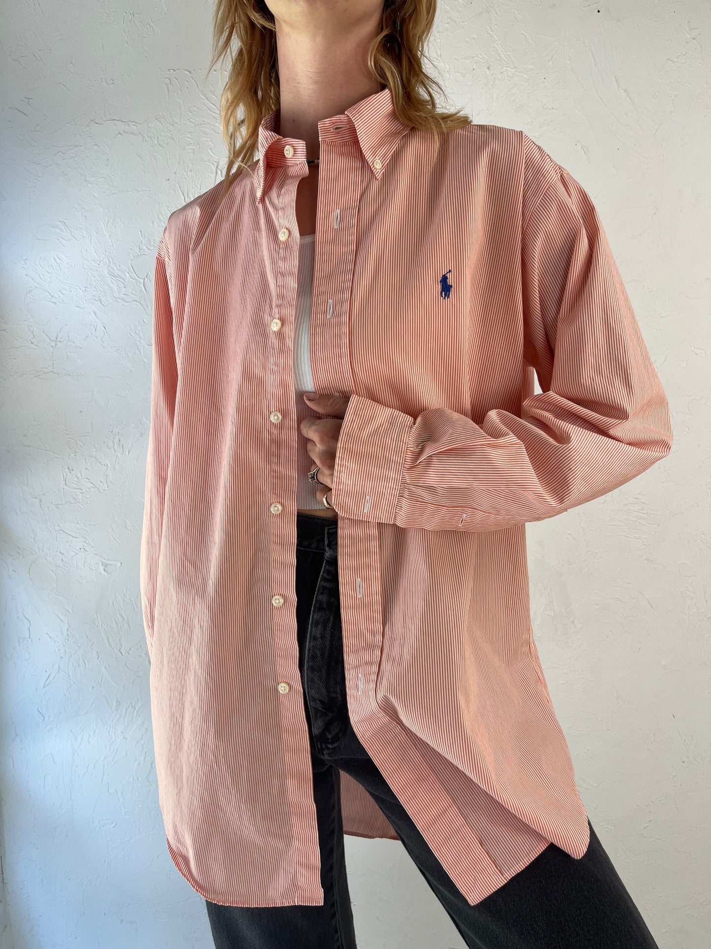 Y2K 'Ralph Lauren' Pink Striped Button Up Cotton Mens Dress Shirt / Large