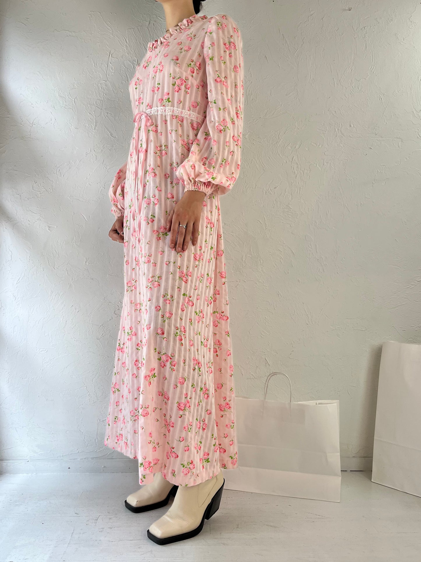 80s Pink Long Sleeve Flower Peasant Dress / Small