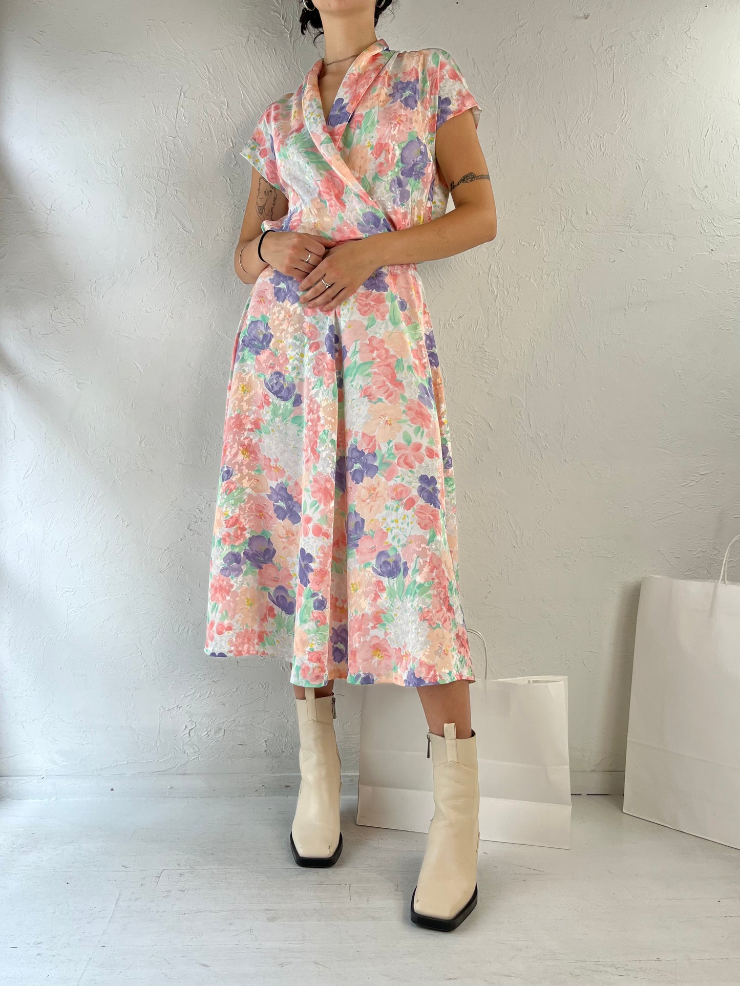80s Pastel Floral Print Midi Dress / Small