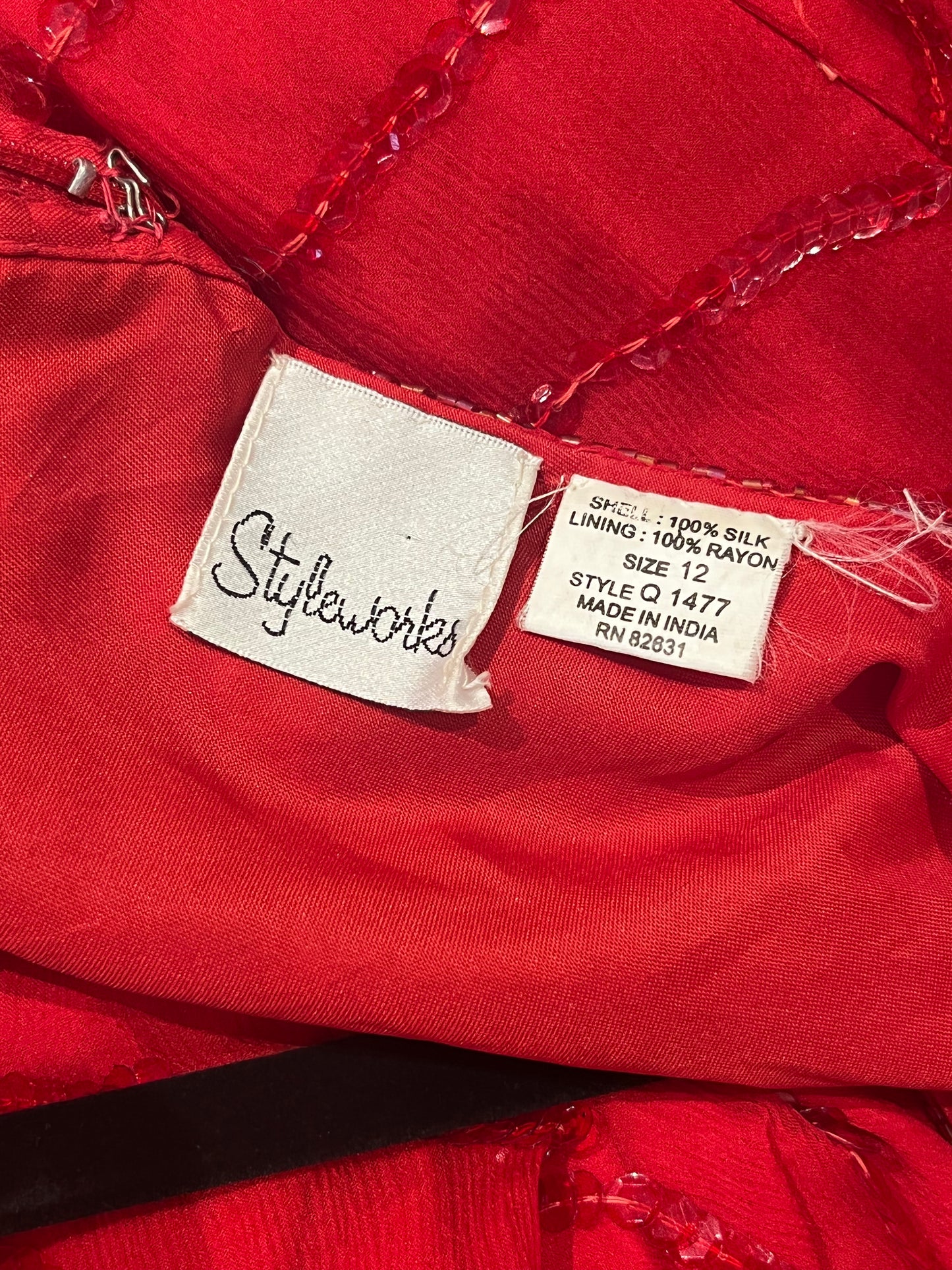 90s 'Styleworks' Red Beaded Silk Dress / Large