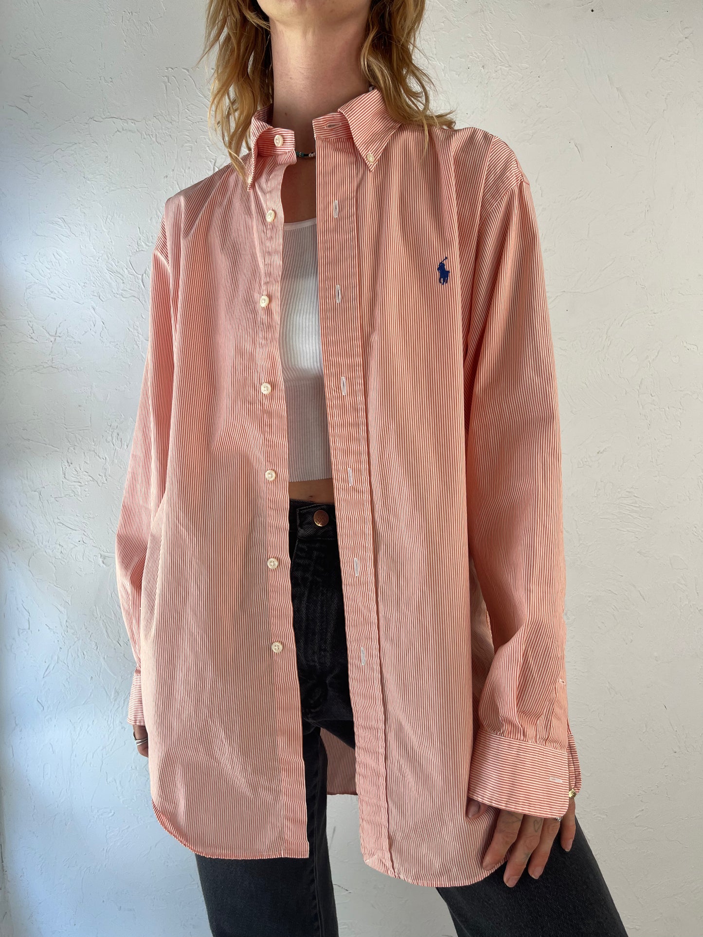 Y2K 'Ralph Lauren' Pink Striped Button Up Cotton Mens Dress Shirt / Large