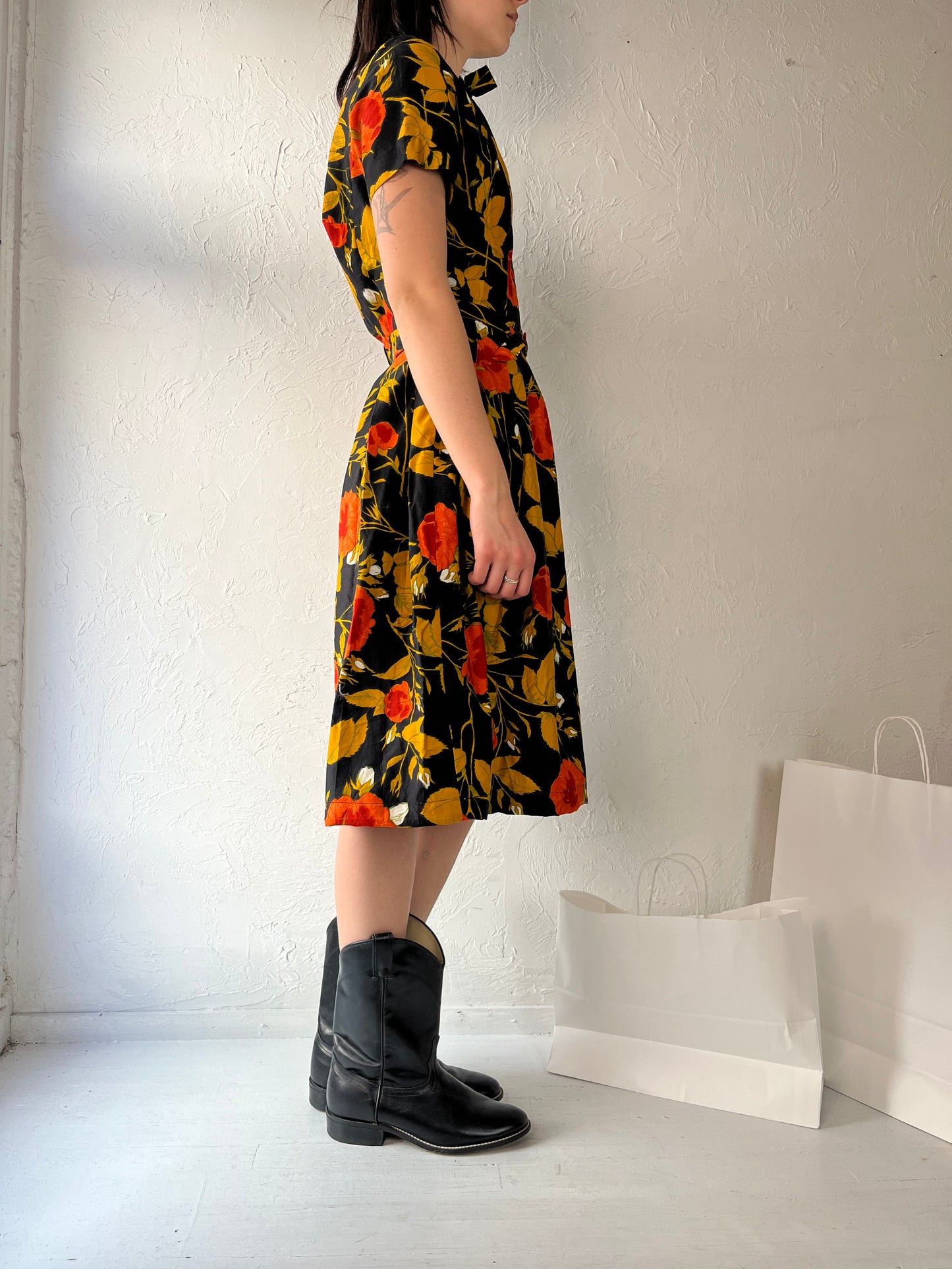 60s 70s 'LL' Black Floral Print Day Dress / Medium