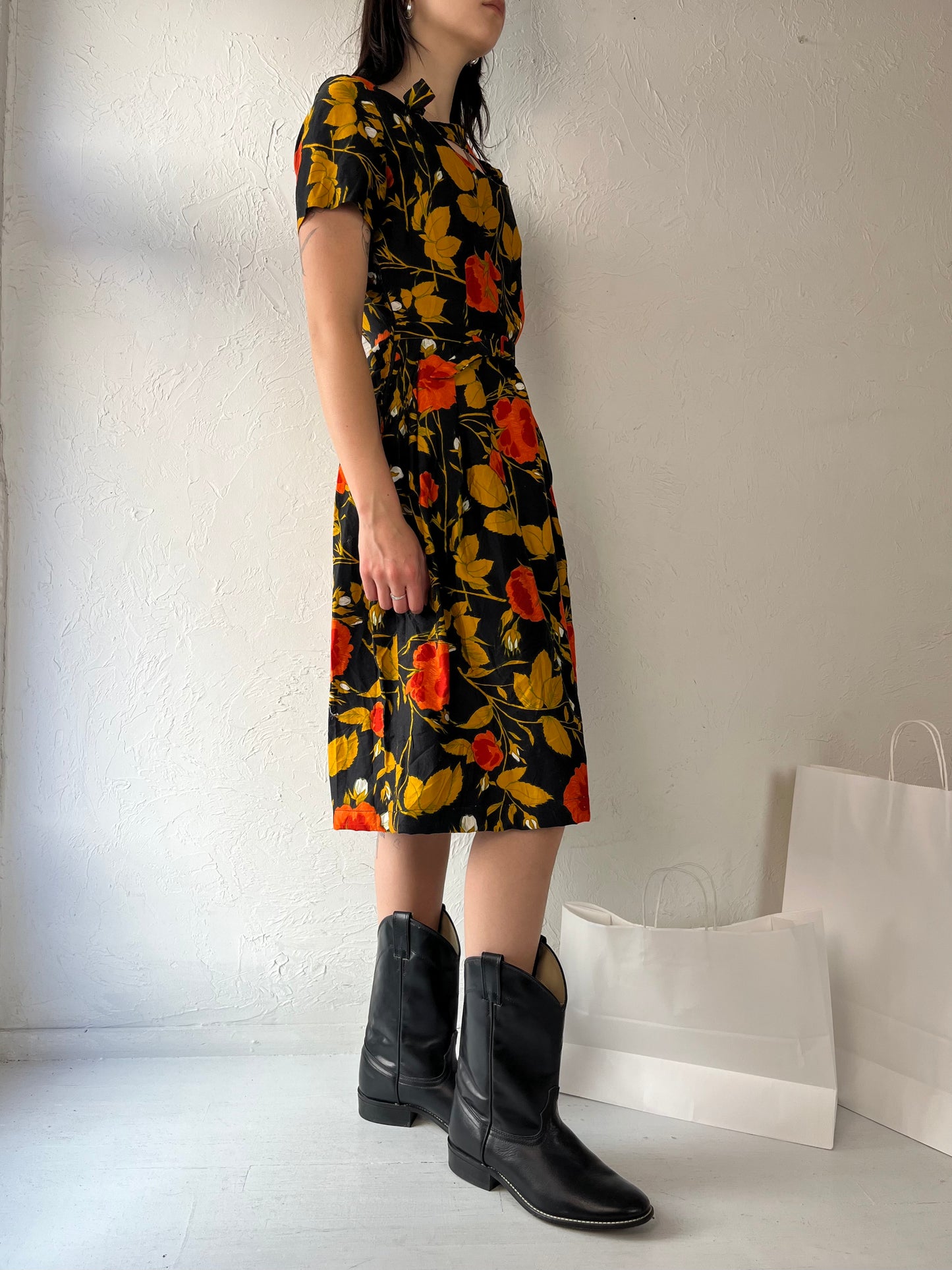 60s 70s 'LL' Black Floral Print Day Dress / Medium