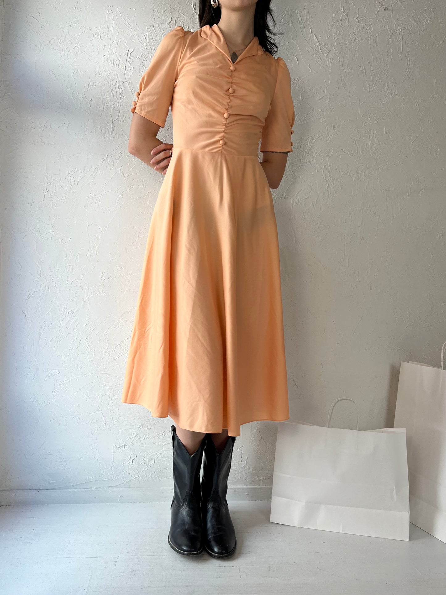 70s 'Sandi Gale' Peach Polyester Fitted Midi Dress / Small