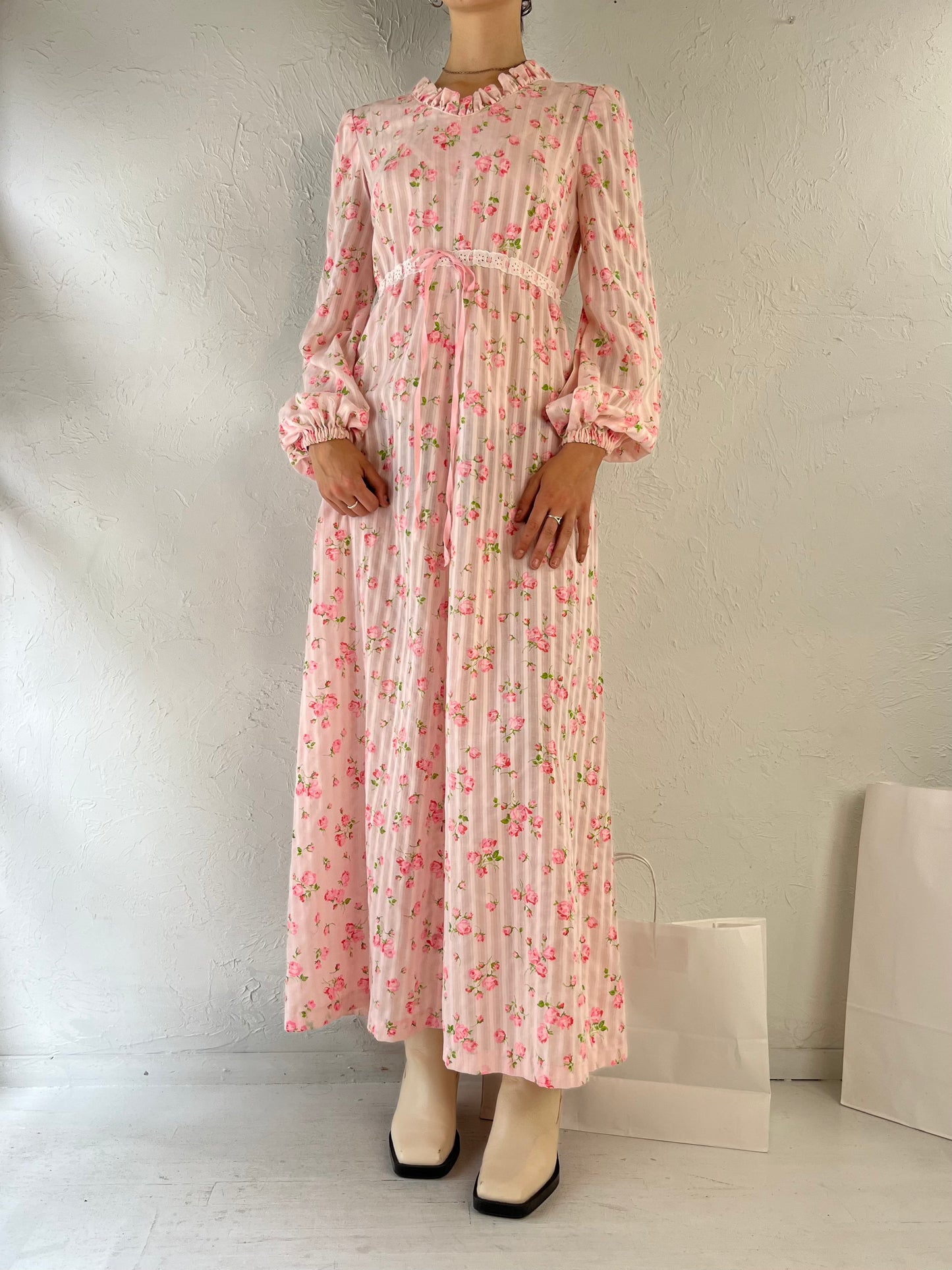 80s Pink Long Sleeve Flower Peasant Dress / Small