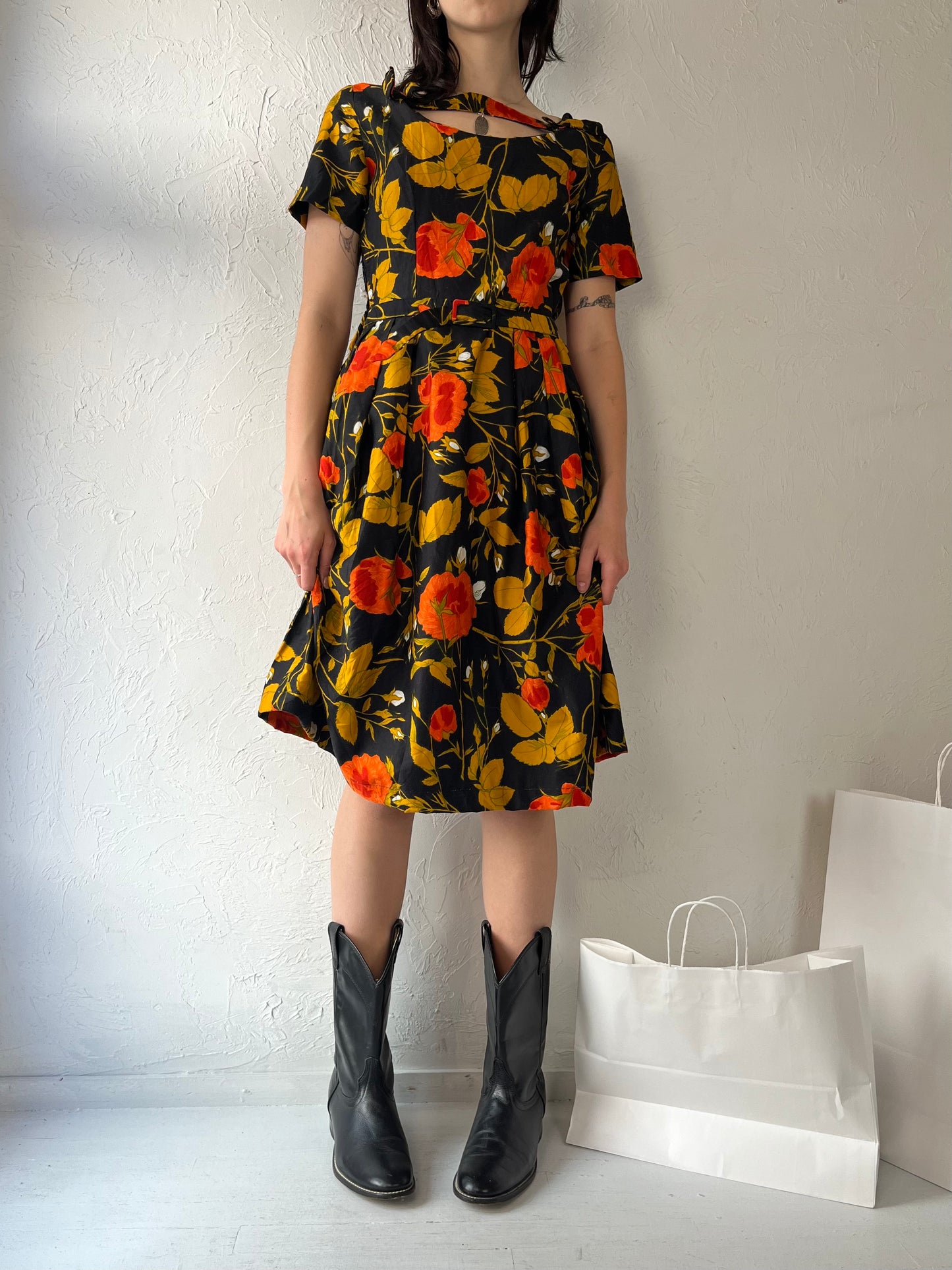 60s 70s 'LL' Black Floral Print Day Dress / Medium