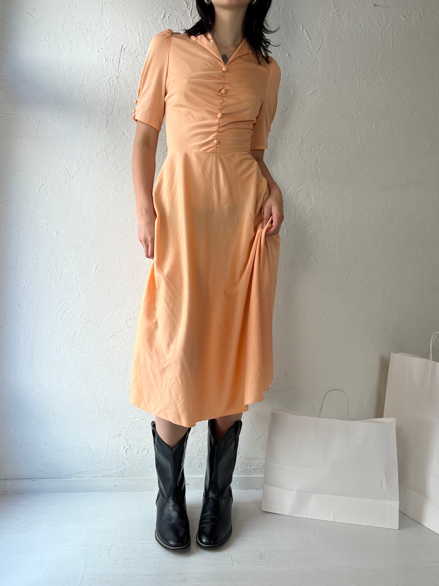 70s 'Sandi Gale' Peach Polyester Fitted Midi Dress / Small