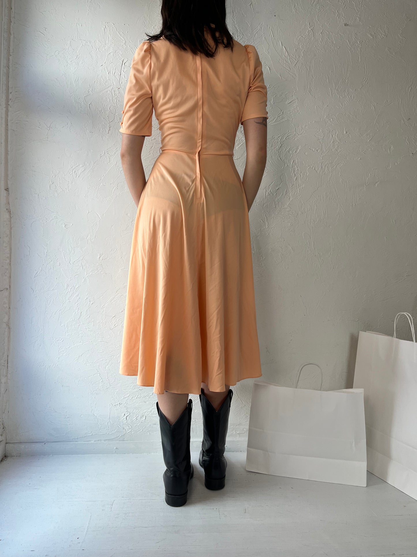 70s 'Sandi Gale' Peach Polyester Fitted Midi Dress / Small