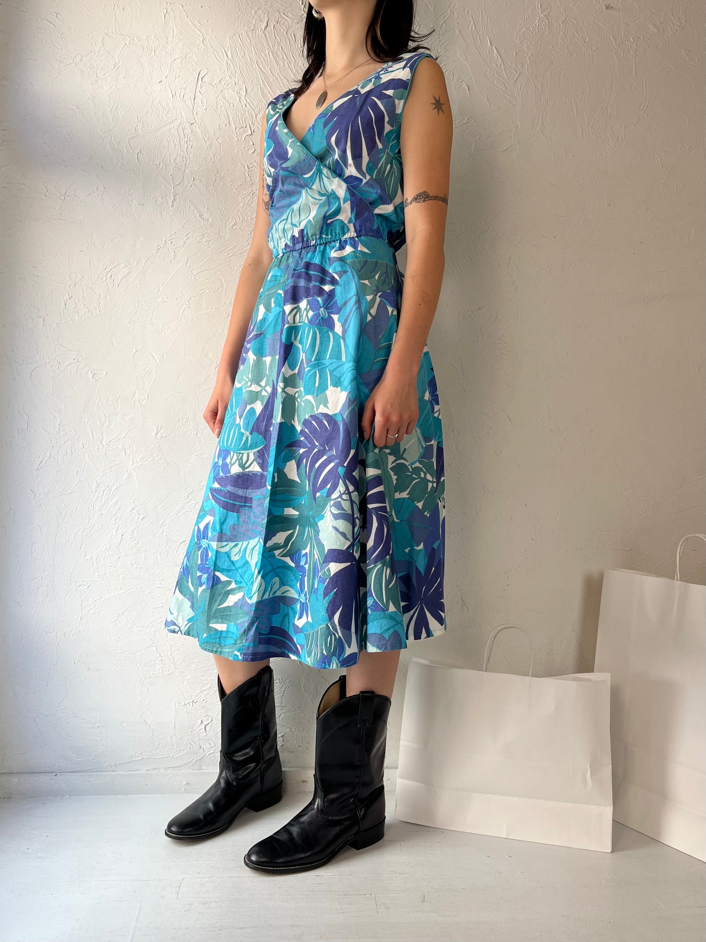 80s 'Dereta' Blue Cotton Floral Print Day Dress / Medium