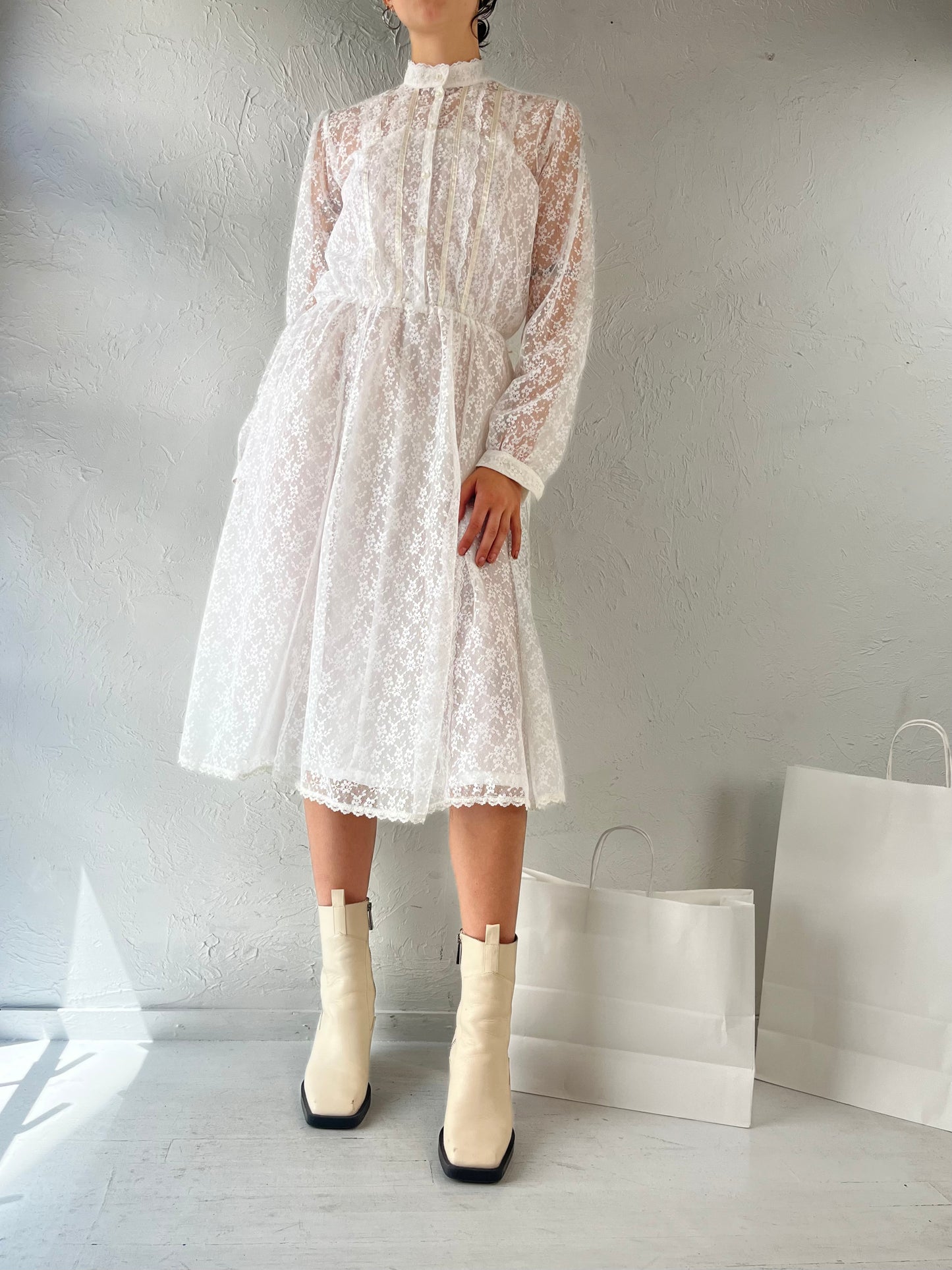 70s 'Pantel' Union Made Lace Long Sleeve Wedding Dress / Small
