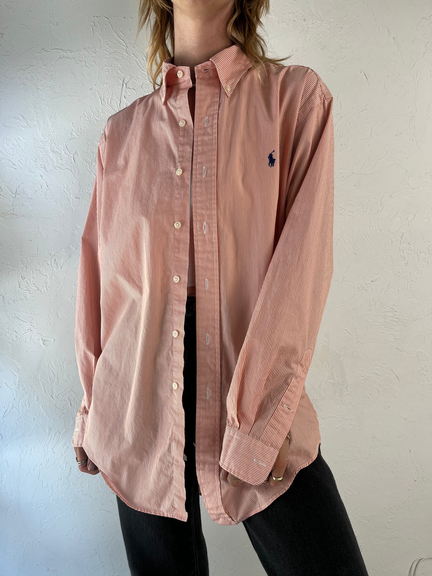 Y2K 'Ralph Lauren' Pink Striped Button Up Cotton Mens Dress Shirt / Large