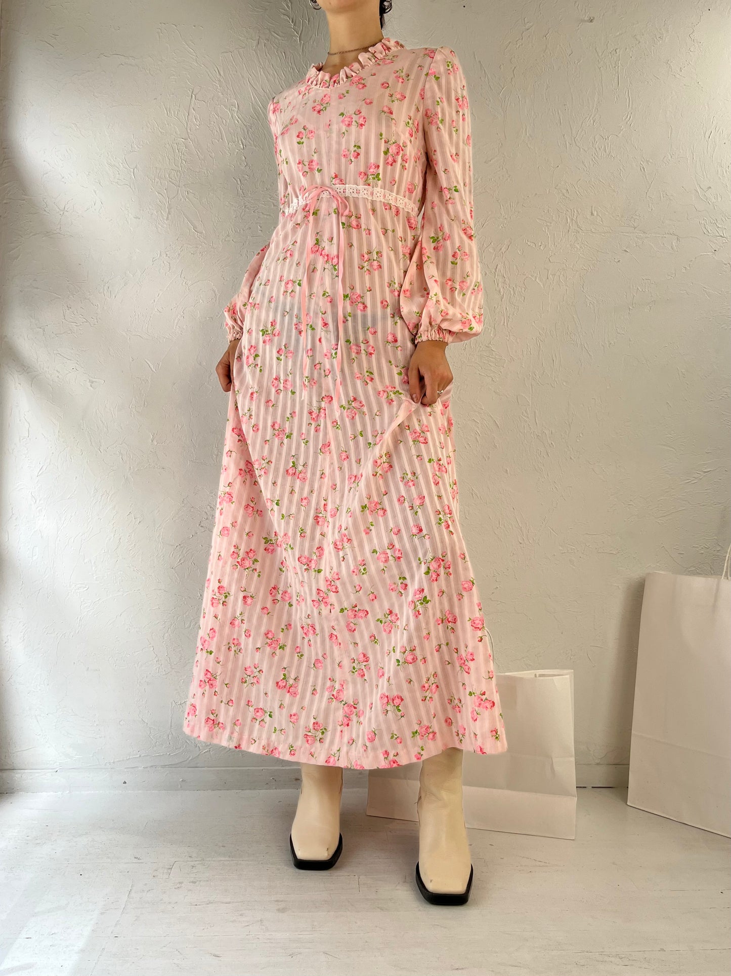 80s Pink Long Sleeve Flower Peasant Dress / Small