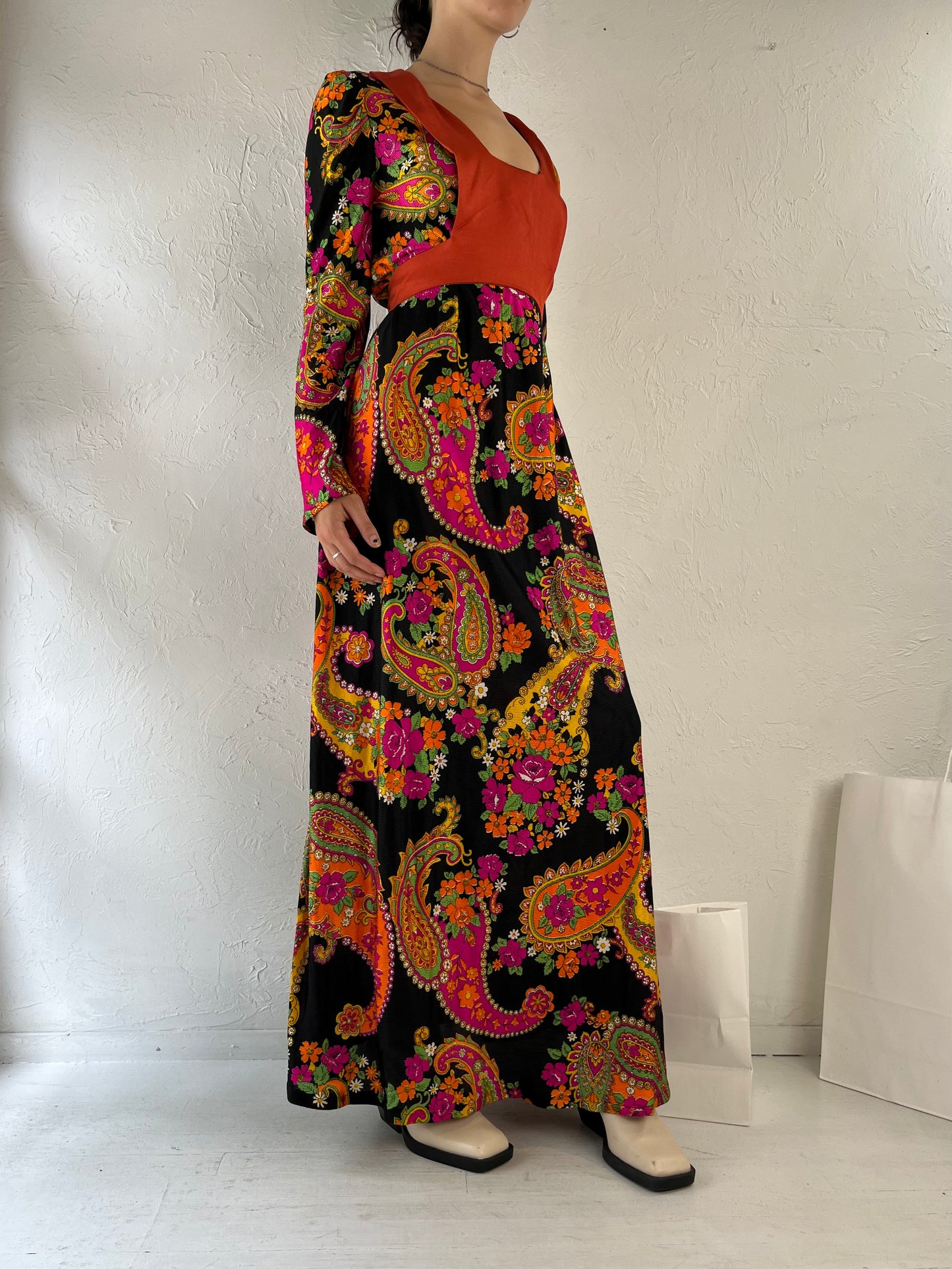 1970s Handmade Retro Floral Print Long Sleeve Maxi Dress / Medium