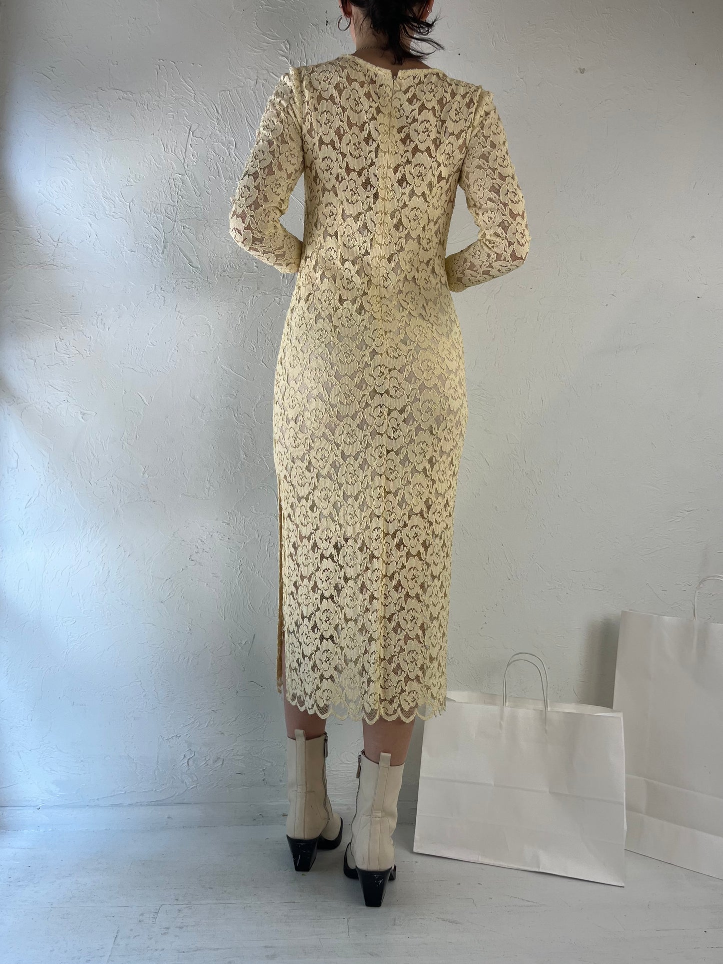 90s Cream Lace Long Sleeve Wedding Midi Dress / Small