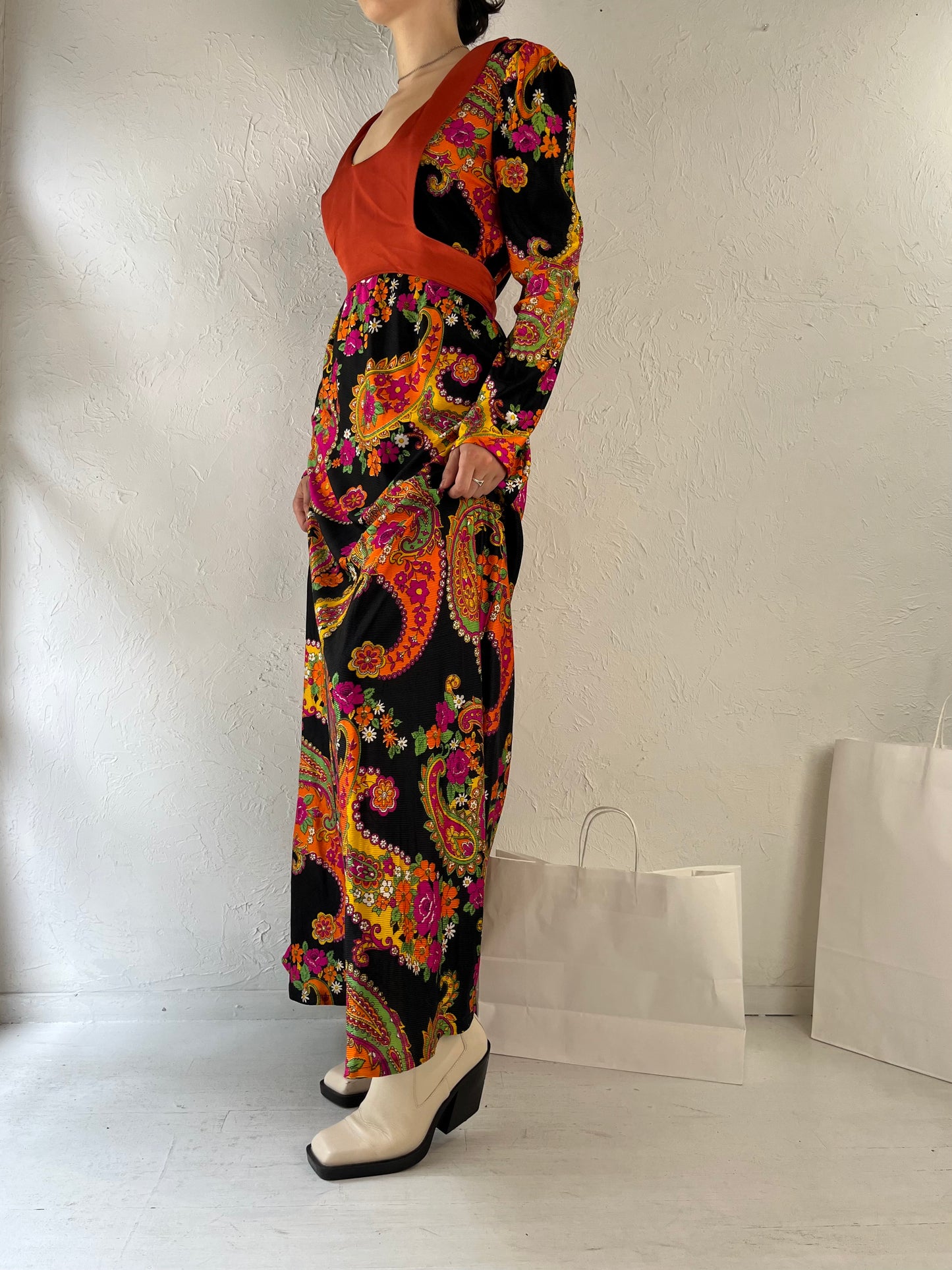 1970s Handmade Retro Floral Print Long Sleeve Maxi Dress / Medium