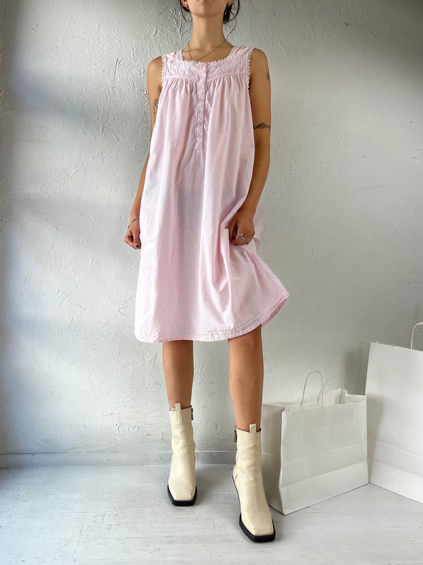 Y2K 'Jasmine Rose' Pink Mini Cotton Night Dress / Large