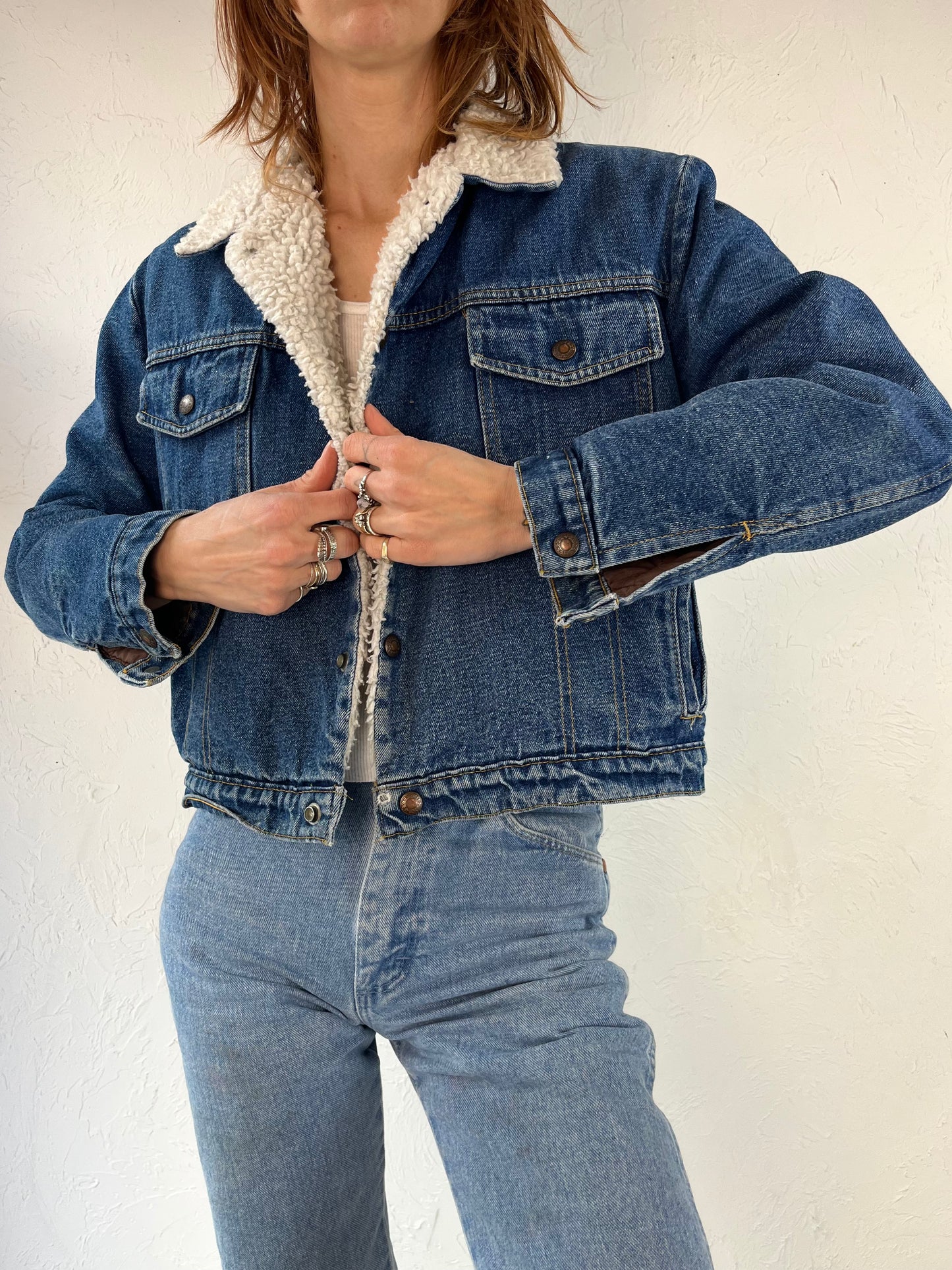 90s 'Essentials' Faux Shearling Lined Cropped Denim Jacket / Small
