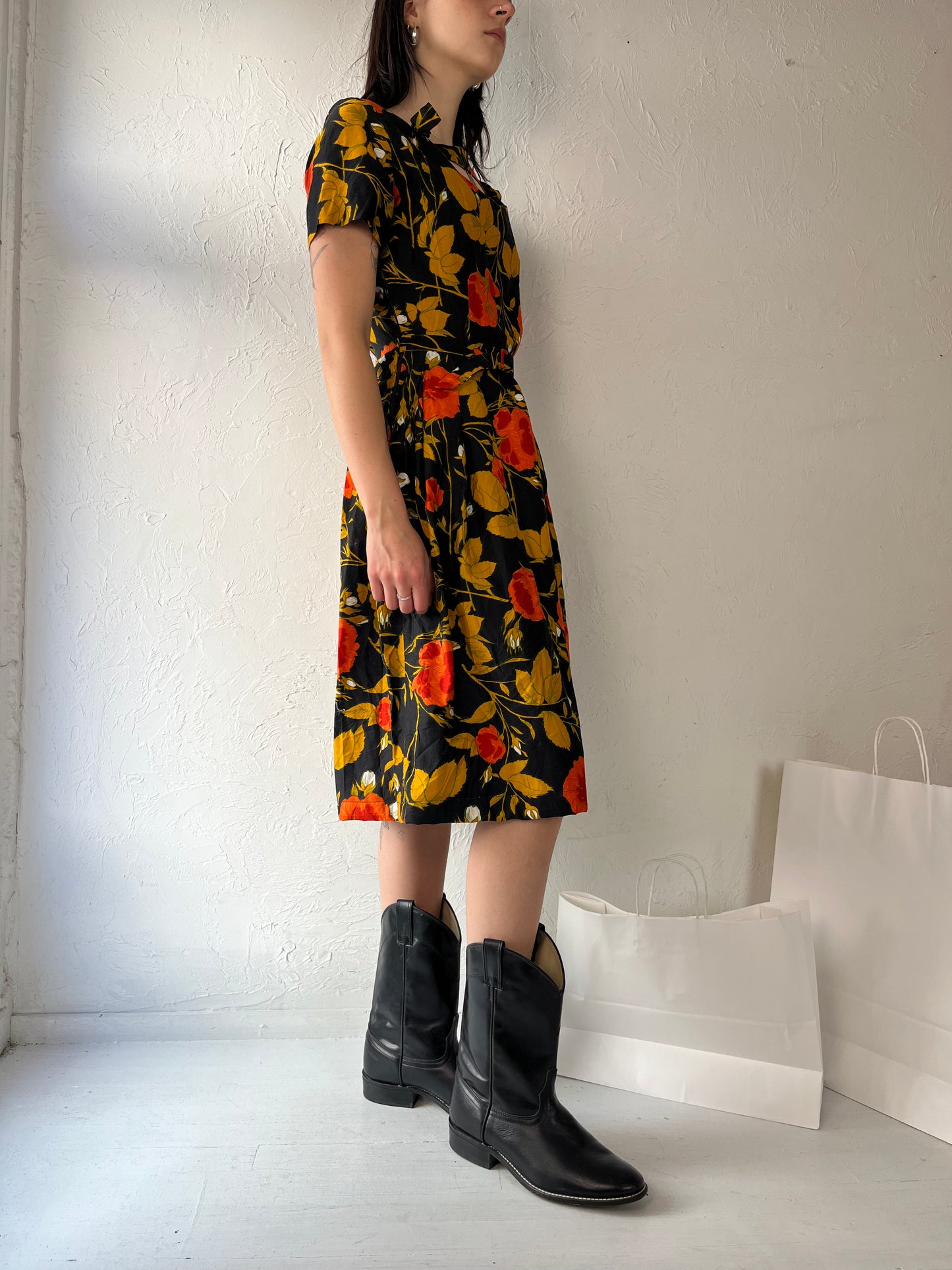 60s 70s 'LL' Black Floral Print Day Dress / Medium