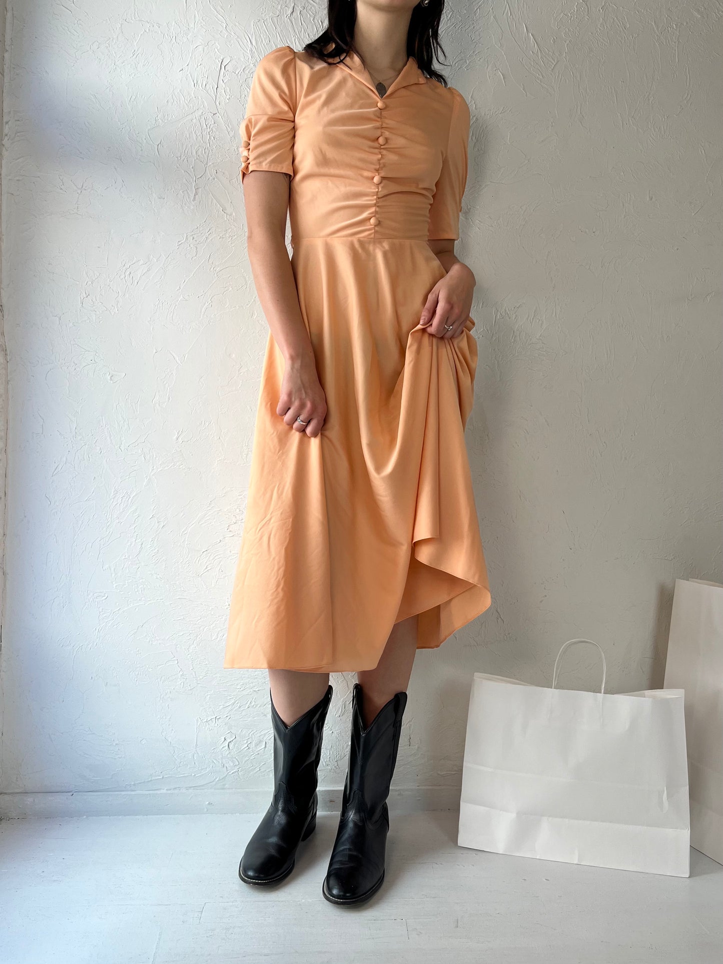 70s 'Sandi Gale' Peach Polyester Fitted Midi Dress / Small