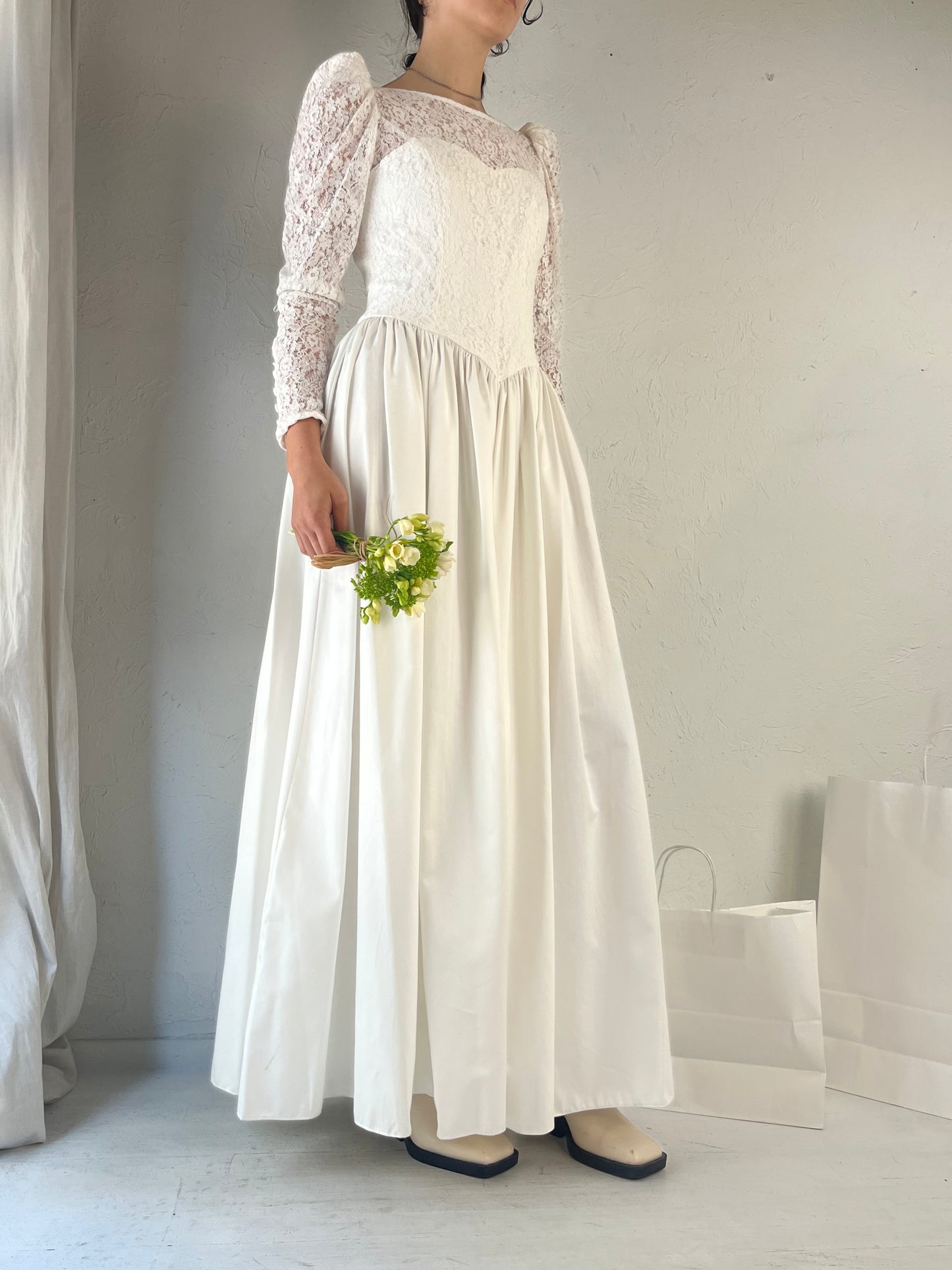 90s 'Laura Ashley' White Cotton Wedding Dress / Medium