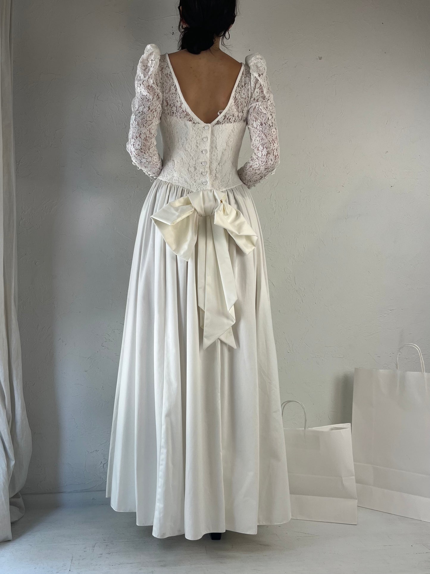 90s 'Laura Ashley' White Cotton Wedding Dress / Medium