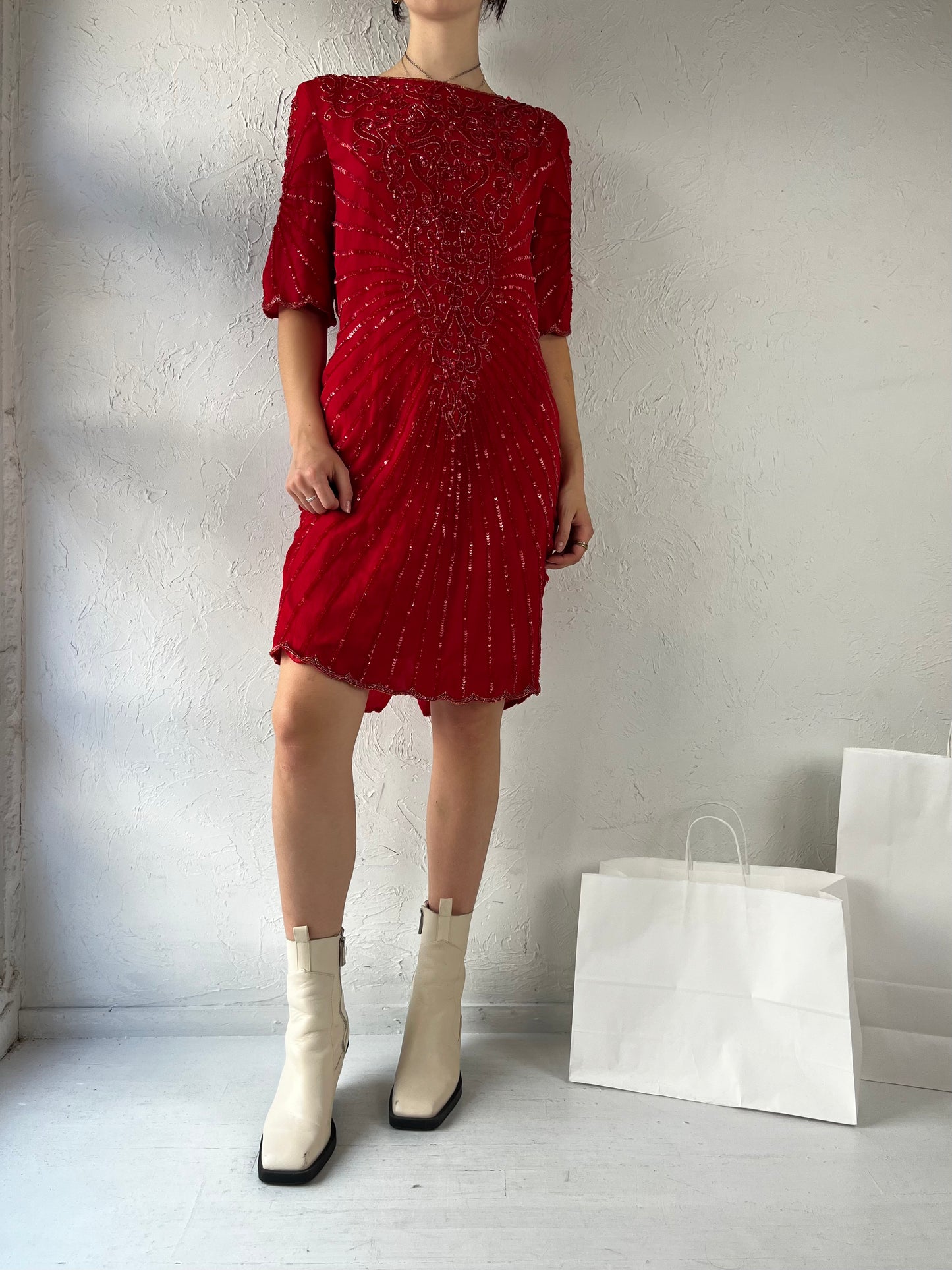 90s 'Styleworks' Red Beaded Silk Dress / Large